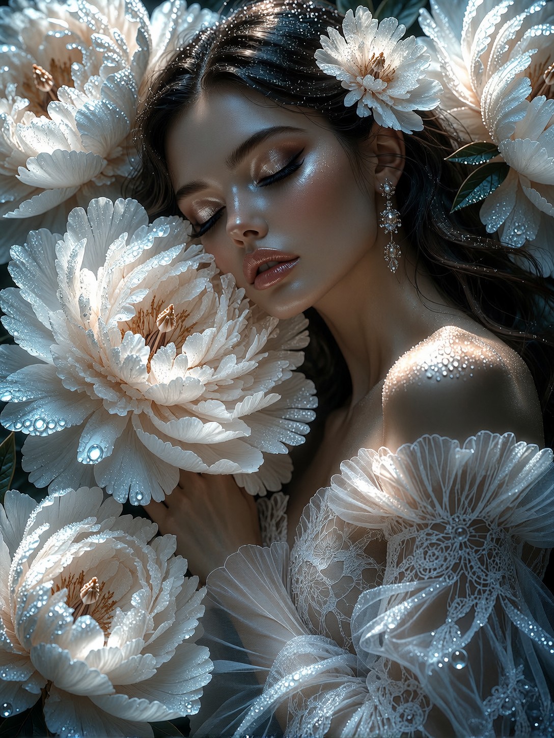 Ethereal Moonlit Beauty Among Peonies — AI generated image