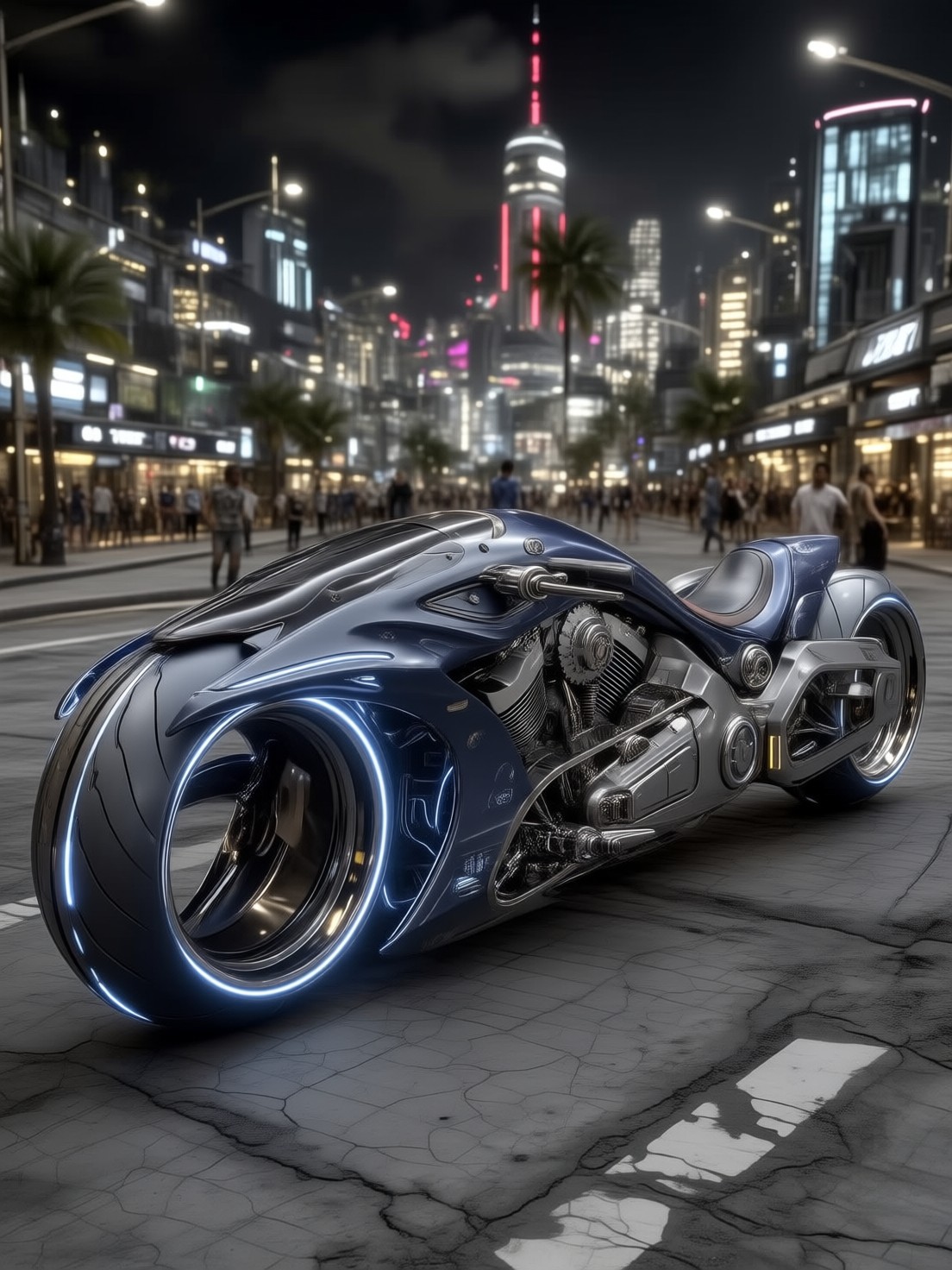 Futuristic Blue Motorcycle In Cyberpunk City — AI generated image