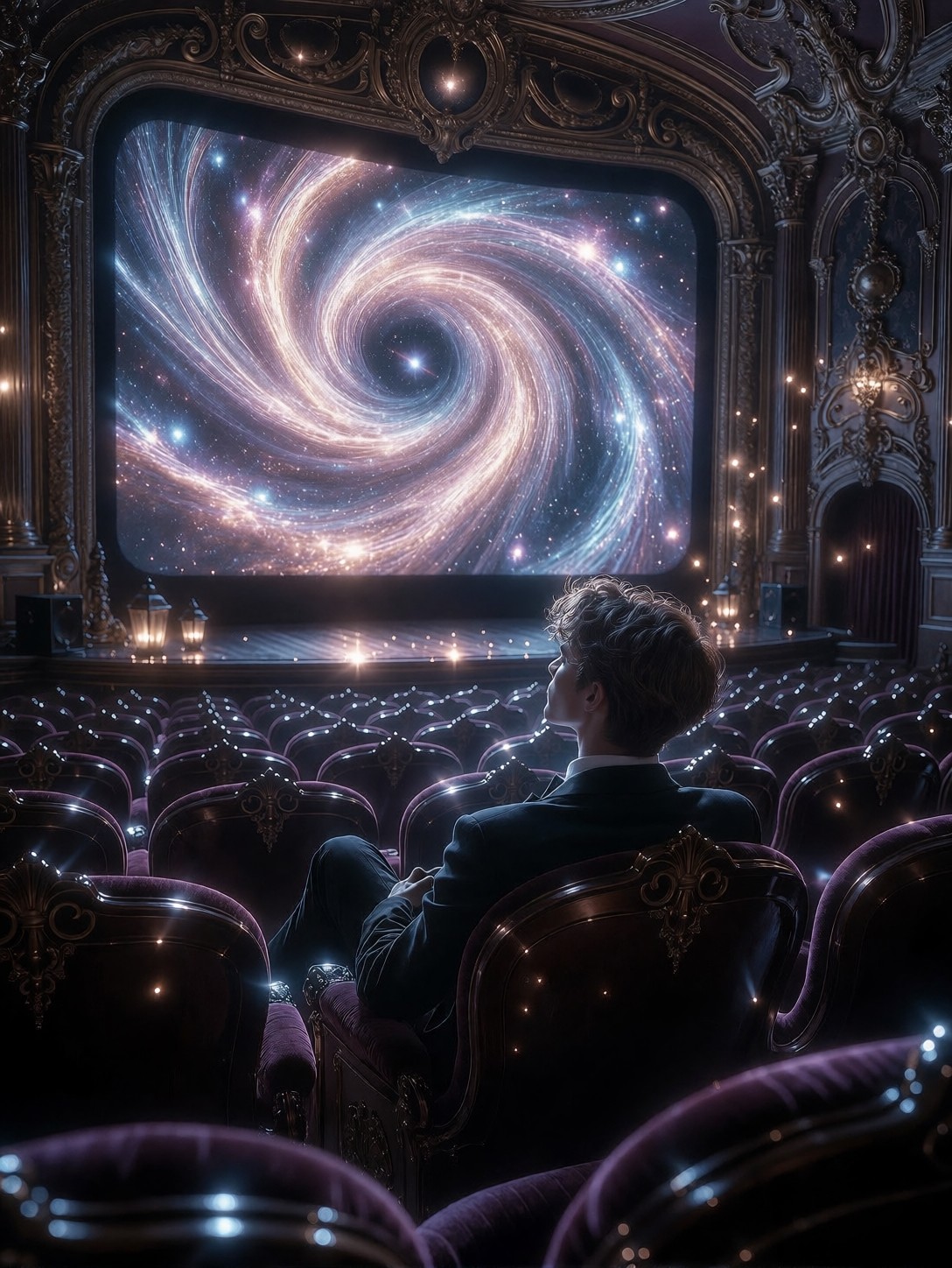 Lone Figure in Dreamlike Vintage Theater — AI generated image