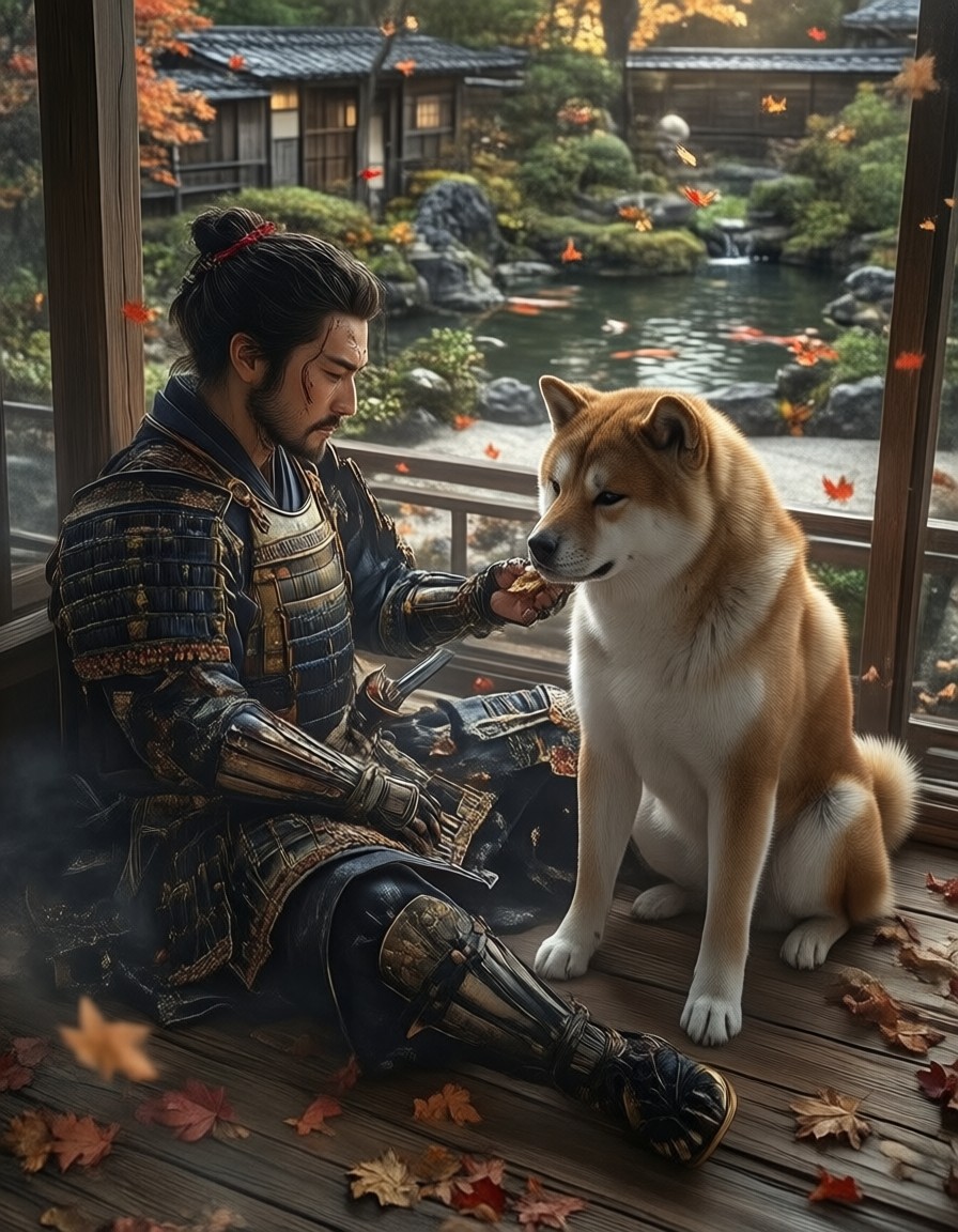 Samurai and Akita Inu in Autumn Serenity — AI generated image