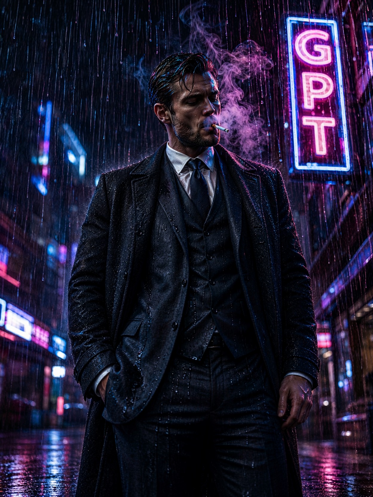 Mysterious Man in Neon Rain — AI generated image