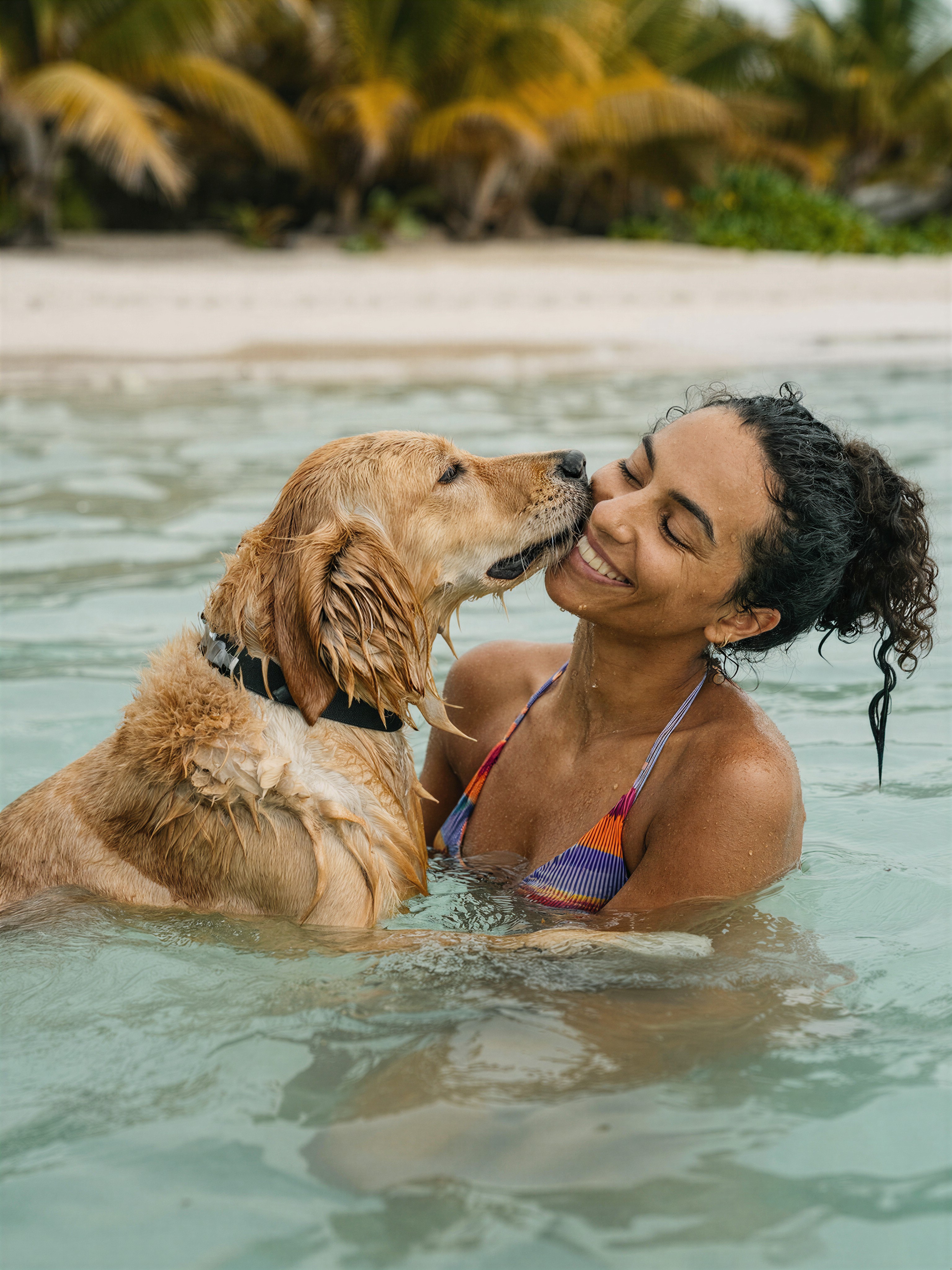 Candid Beach Portrait with Vibrant Bikini and Dog — AI generated image