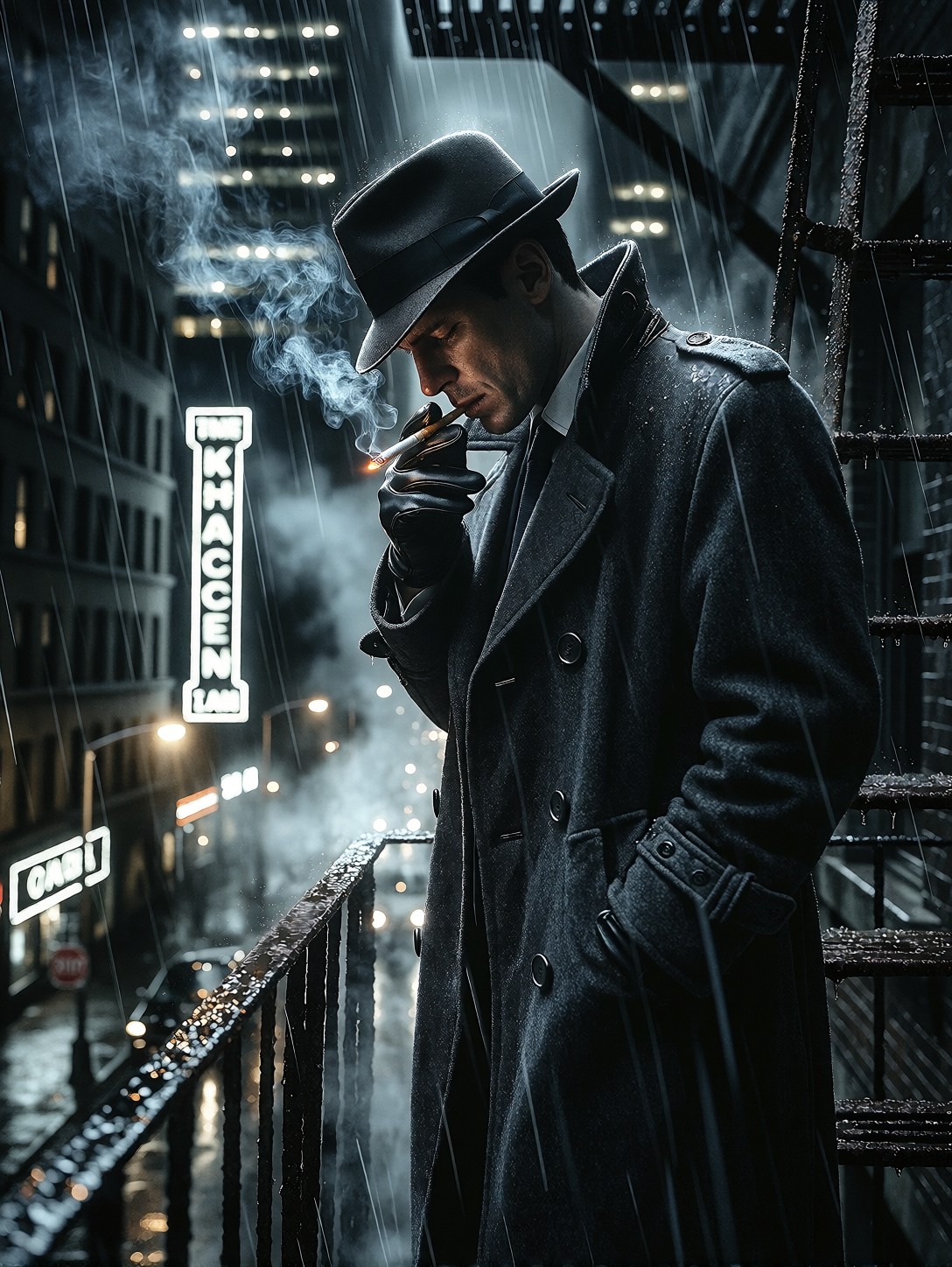 Noir Detective On Rainy Fire Escape — AI generated image