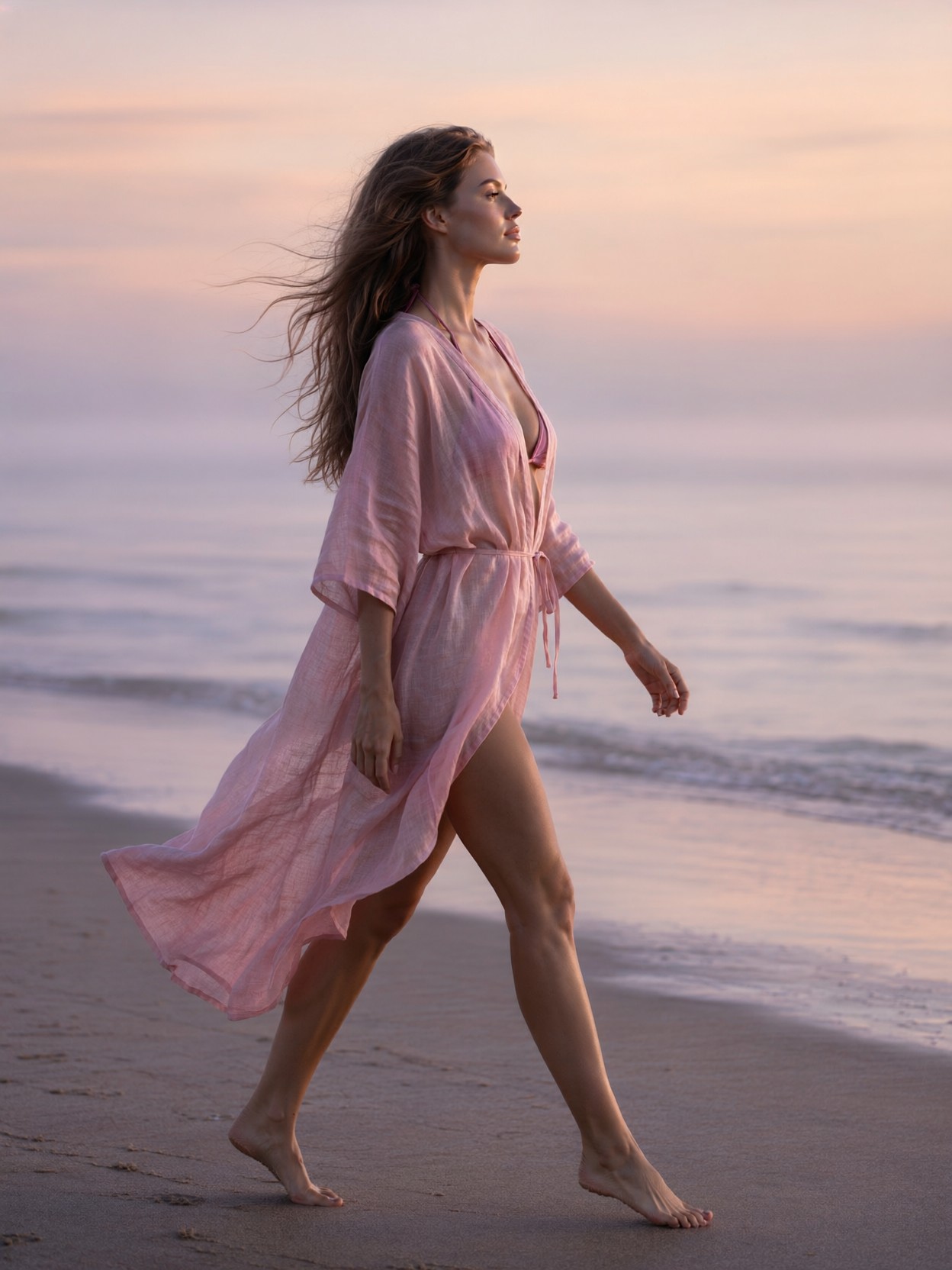 Serene Woman On Misty Morning Beach — AI generated image