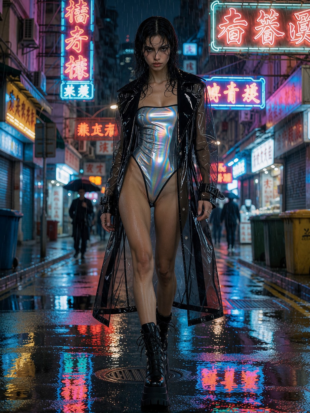 Editorial Cyberpunk Fashion Model In Rain — AI generated image