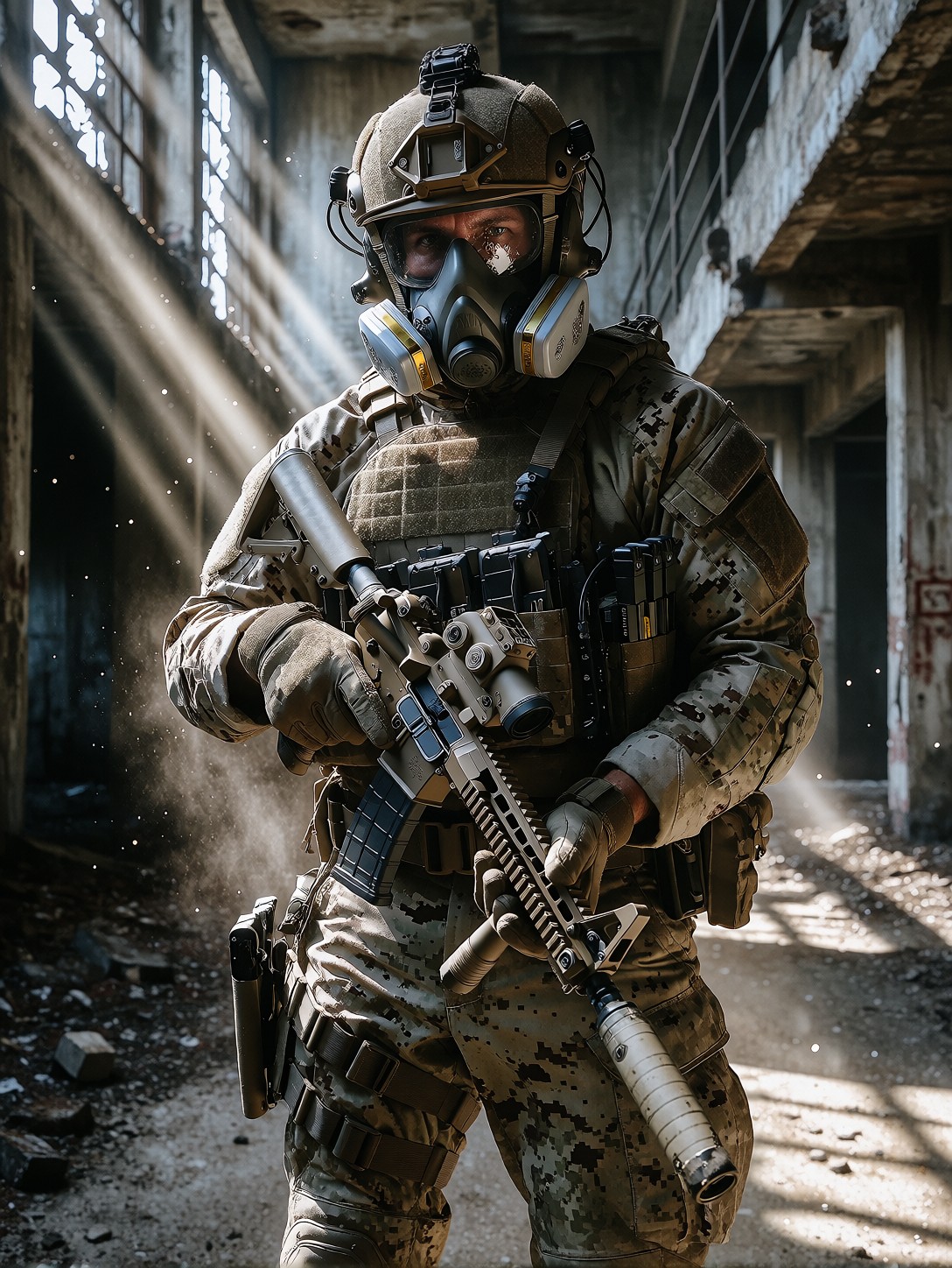 Tactical Operative Standing In Abandoned Industrial Hallway — AI generated image