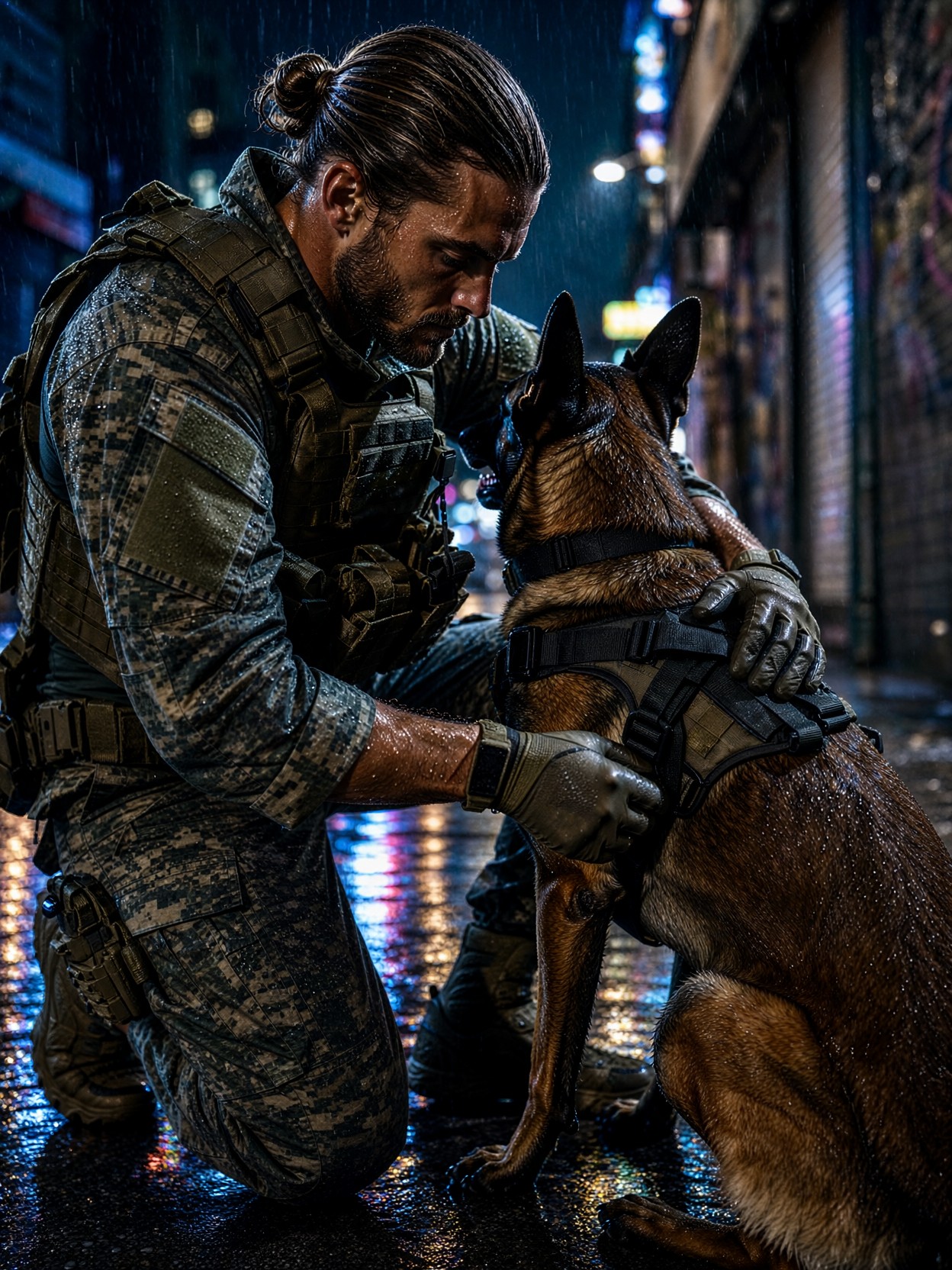 K9 Handler In Neon Rain — AI generated image