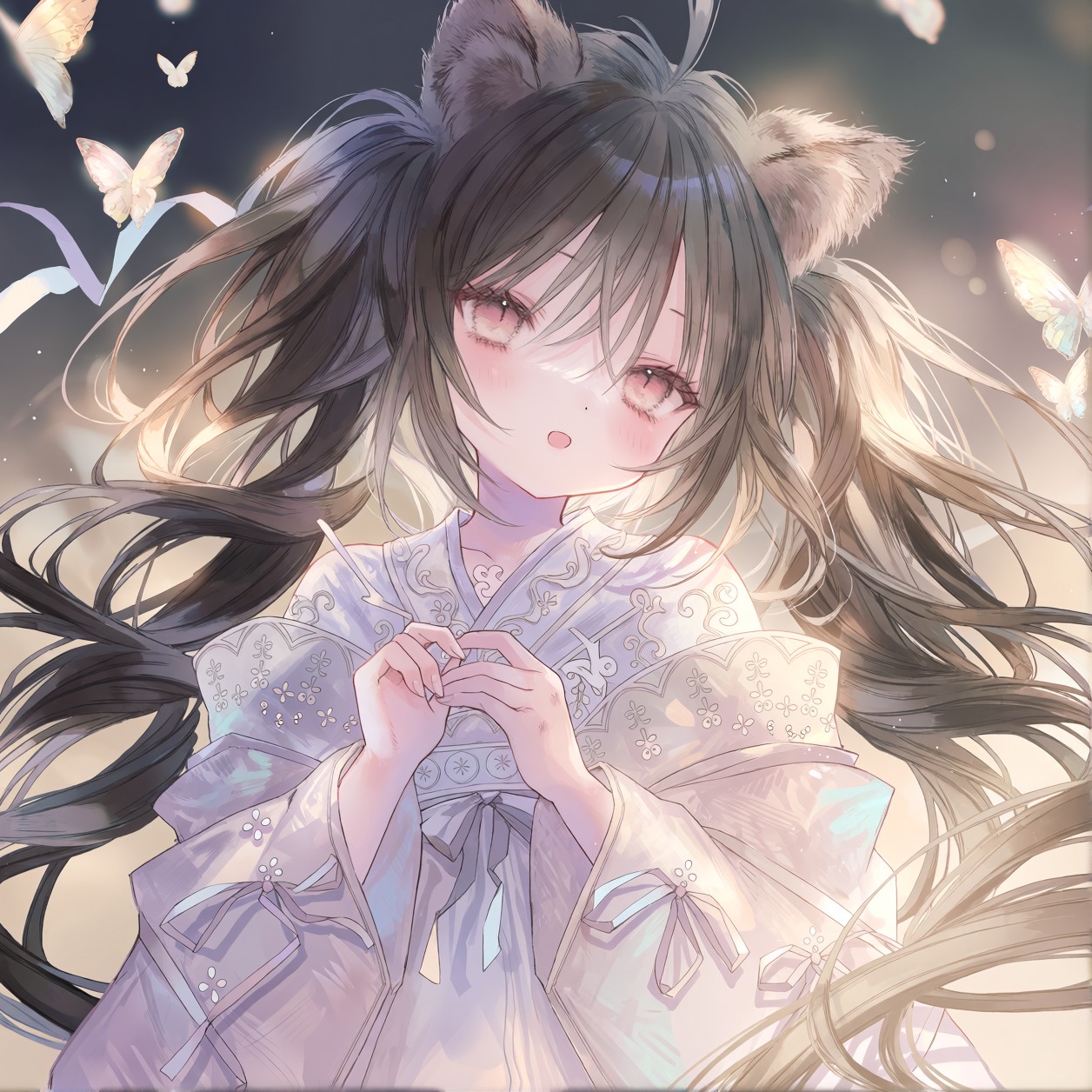Anime Girl with Twin-Tails and Feline Ears in Pastel Robes — AI generated image