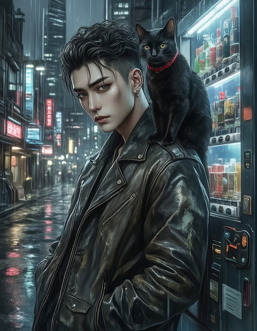 Neon-Lit Shinjuku Alley with Stylish Japanese Man and Cat — AI generated image