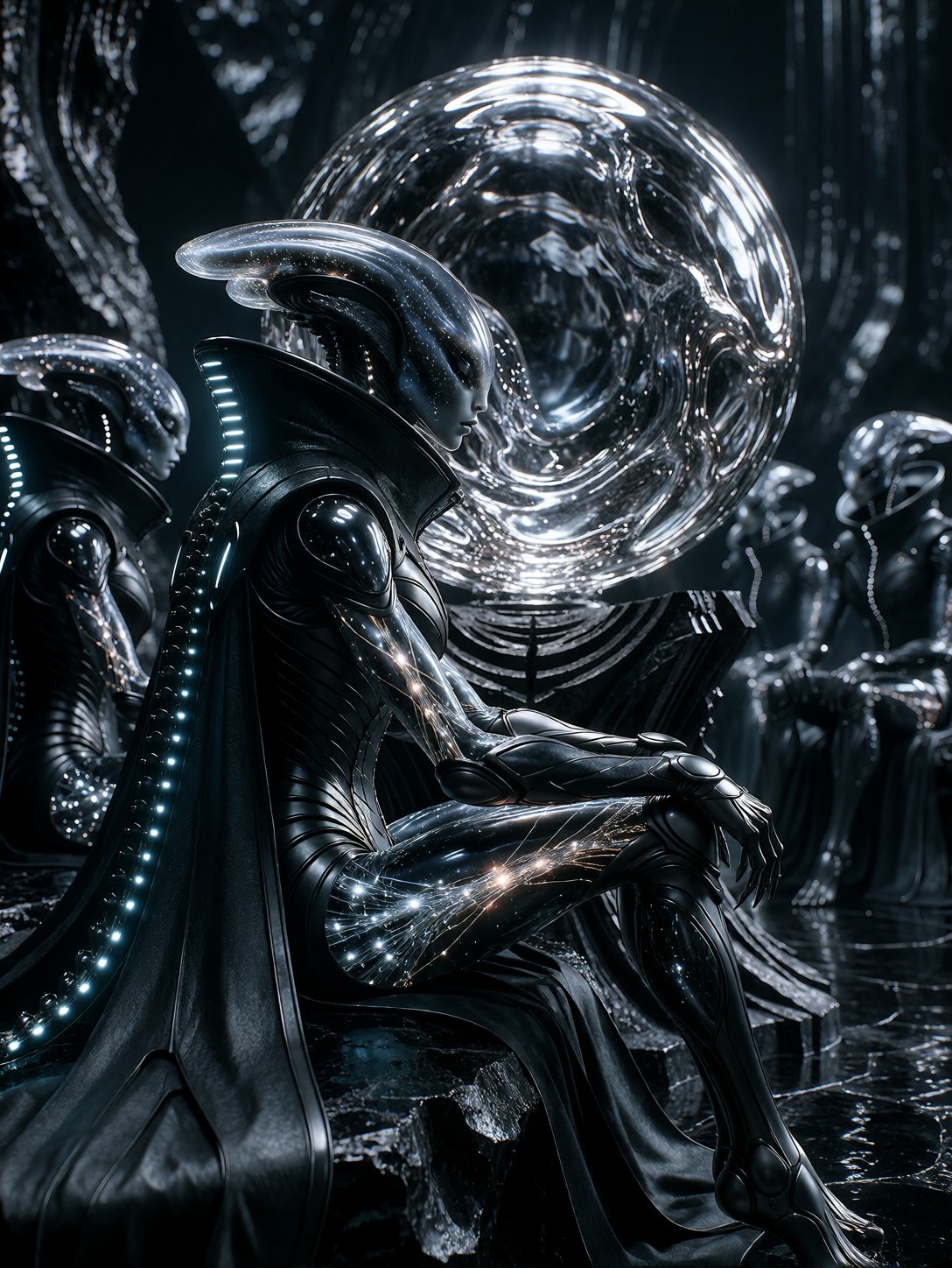 Ethereal Aliens in Obsidian Temple — AI generated image