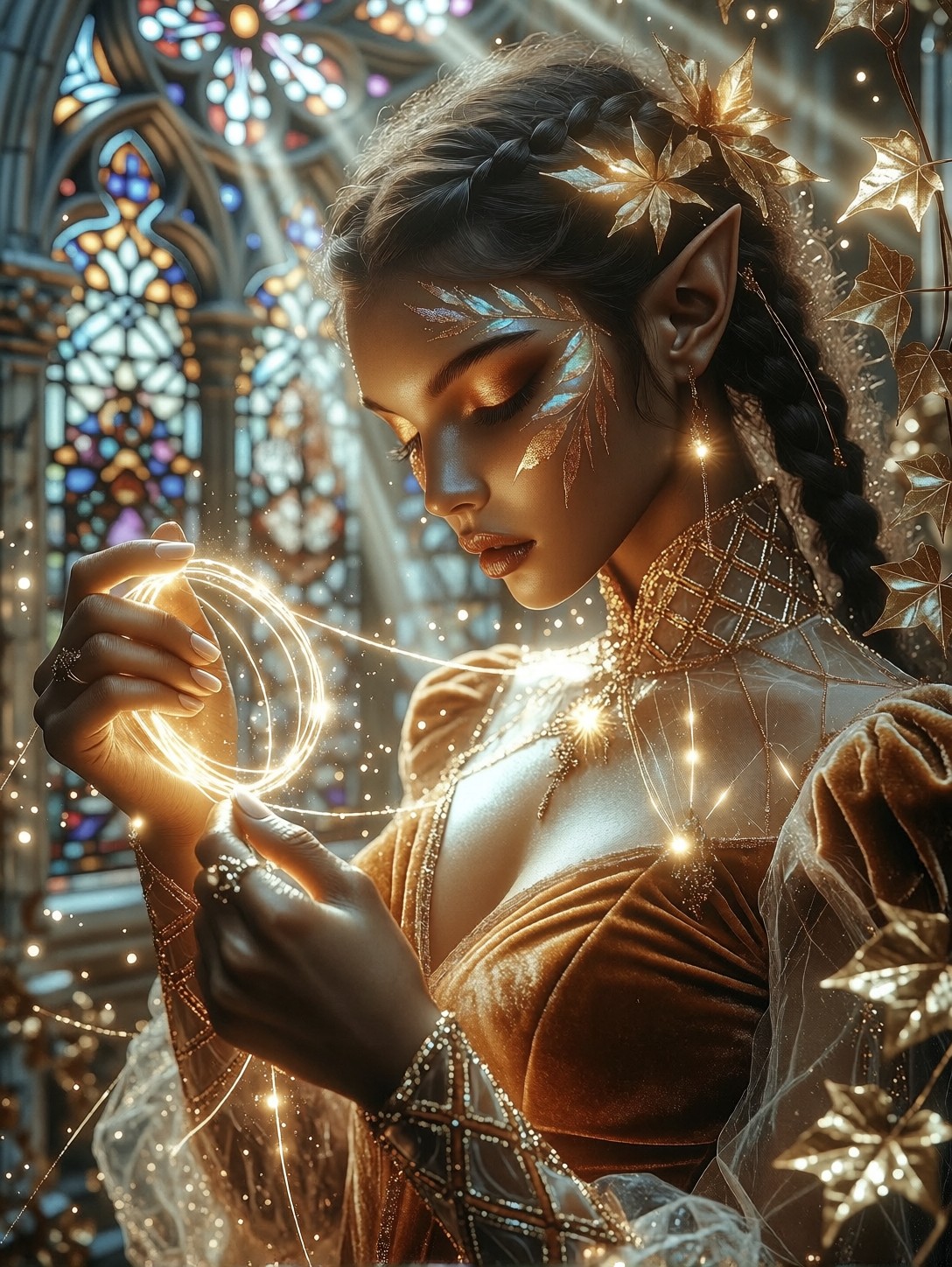 Glowing Solar Weaver In Sunlit Observatory — AI generated image