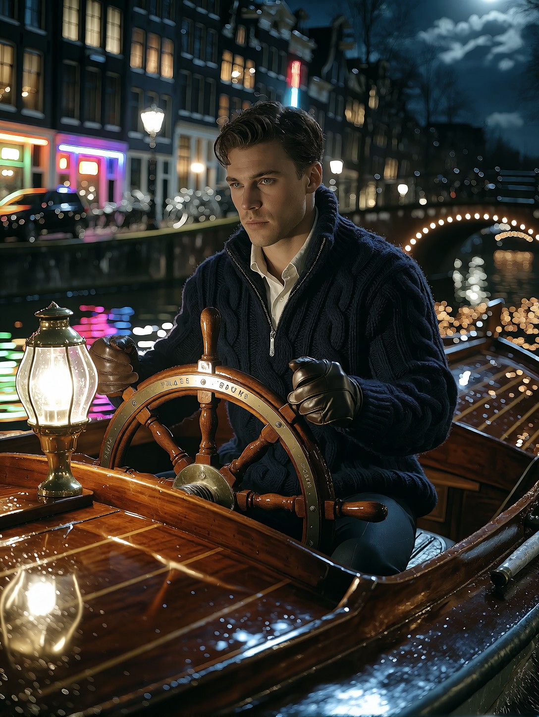 Cinematic Moonlit Portrait On Amsterdam Canal — AI generated image
