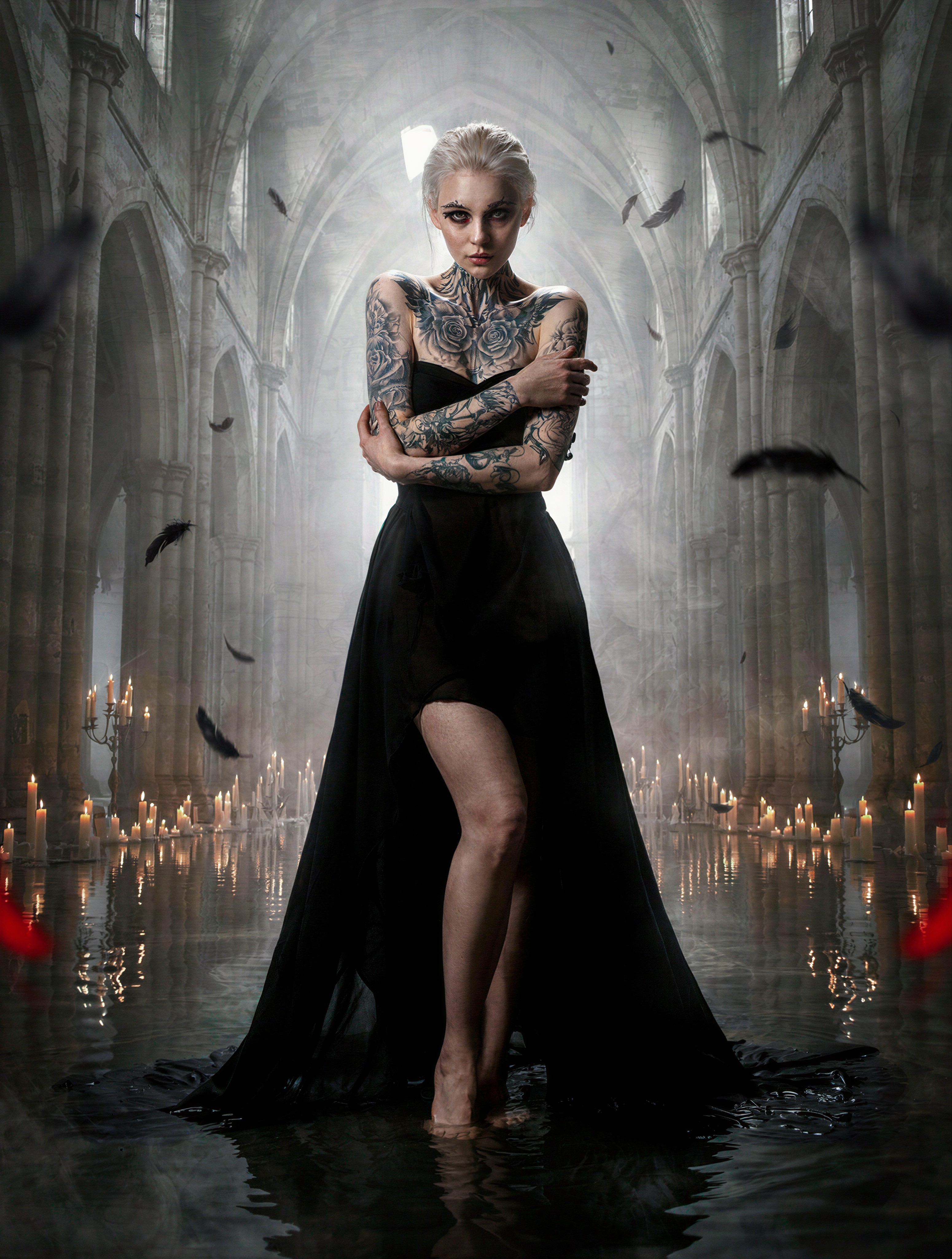 Pale Gothic Woman in Ancient Cathedral — AI generated image