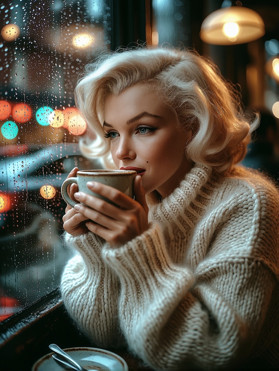 Marilyn Monroe Thoughtful Cafe Portrait — AI generated image