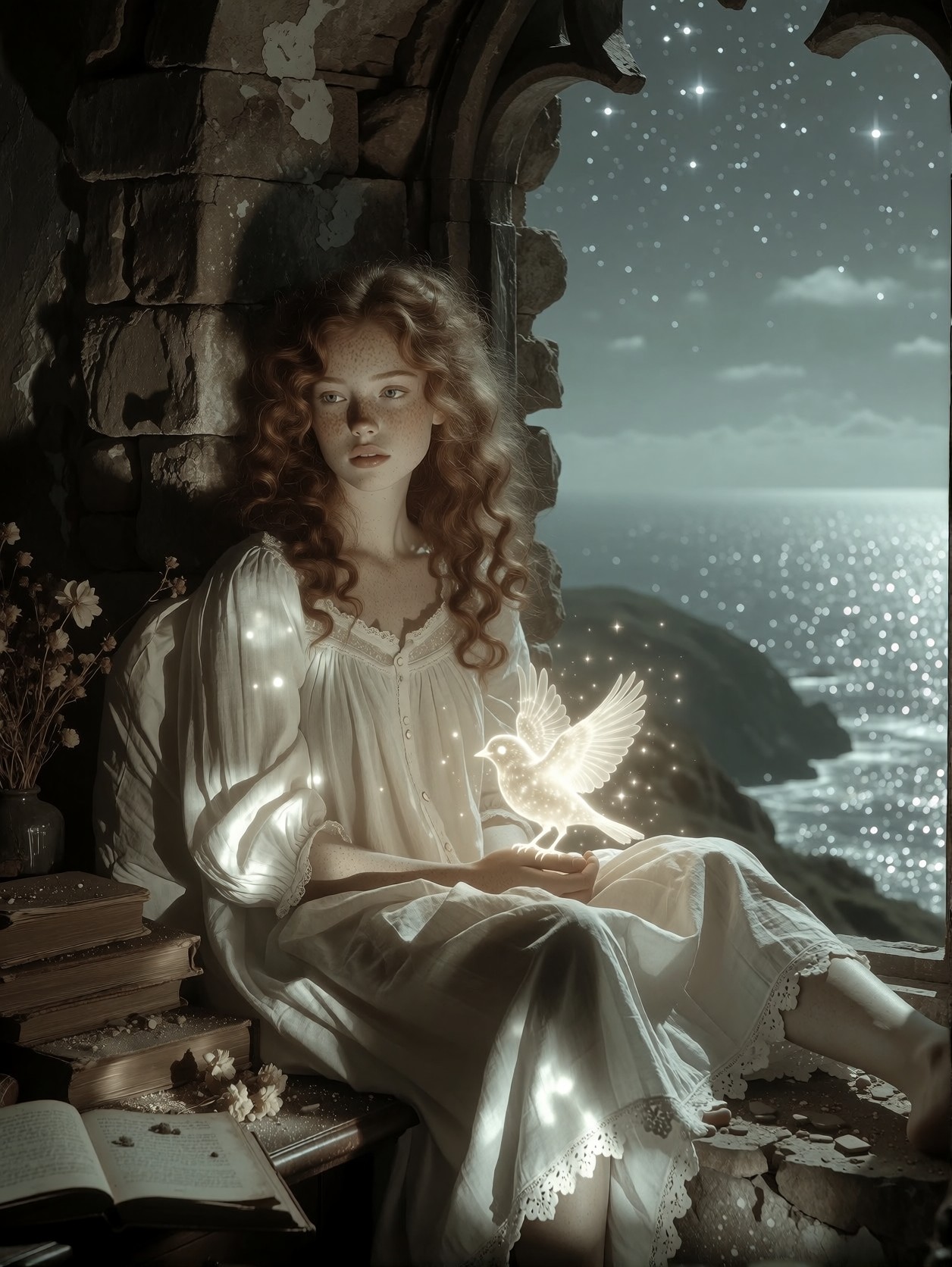 Woman Holding Glowing Bird — AI generated image