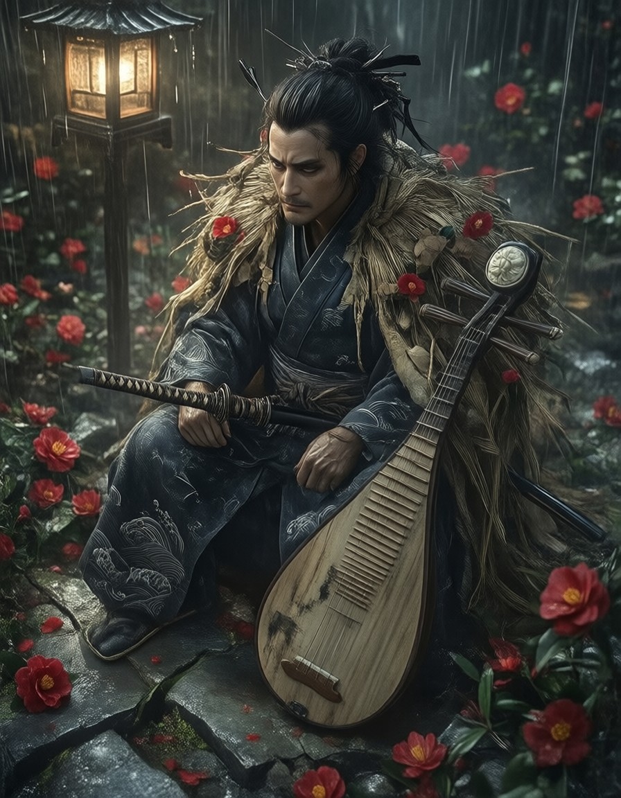 Blind Swordsman in Rain-Slicked Courtyard — AI generated image