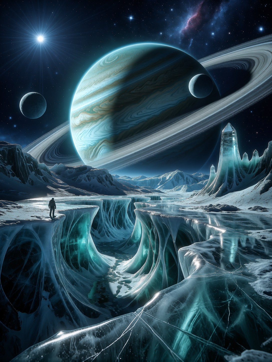 Frozen Canyon Under Glowing Gas Giant — AI generated image