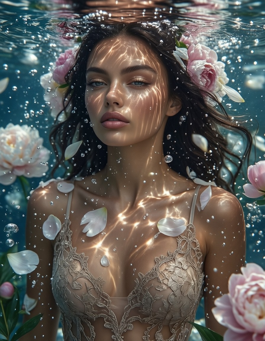 Ethereal Woman in Floral Waters — AI generated image