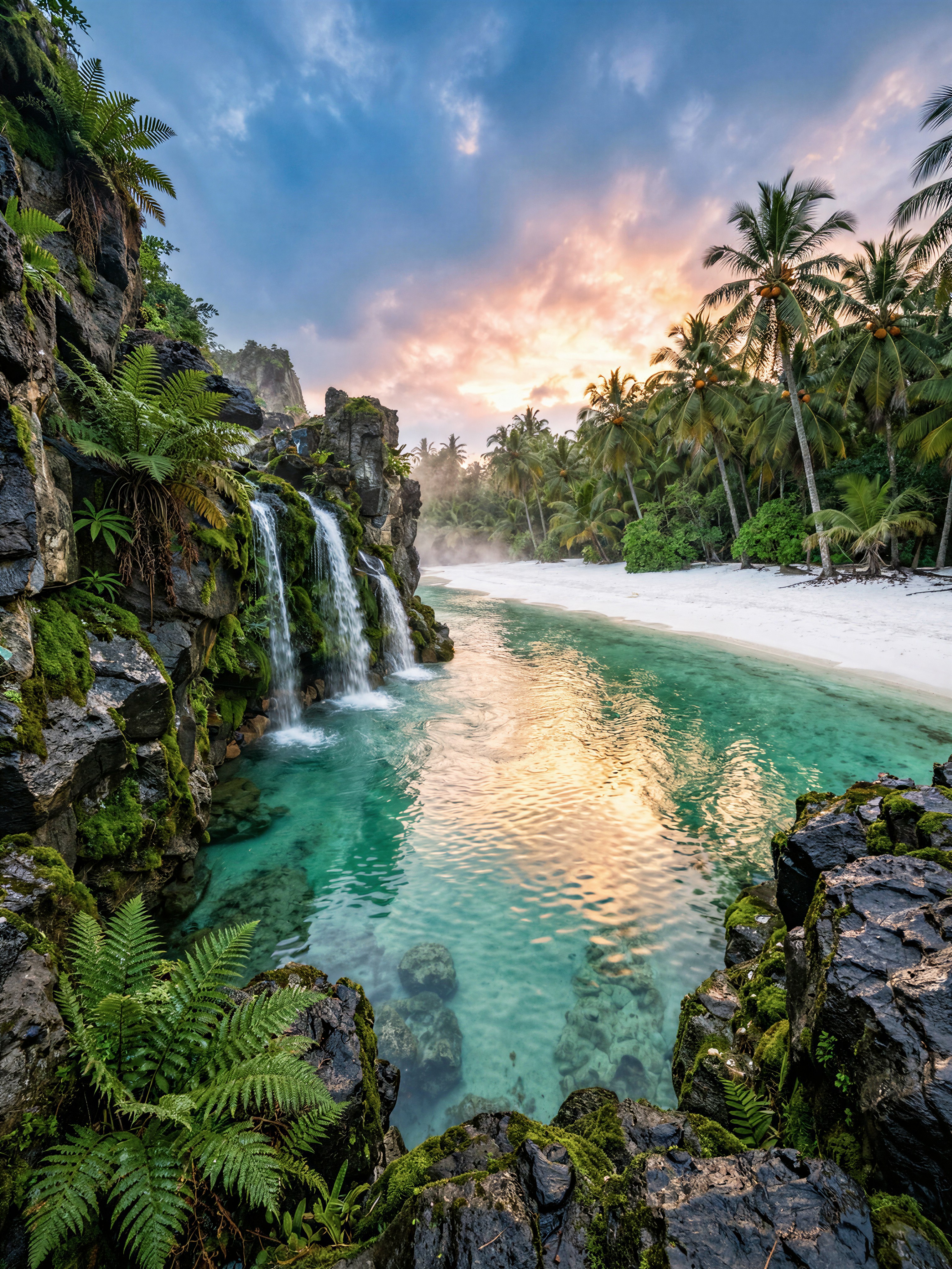 Mist-Cloaked Tropical Lagoon at Dawn — AI generated image