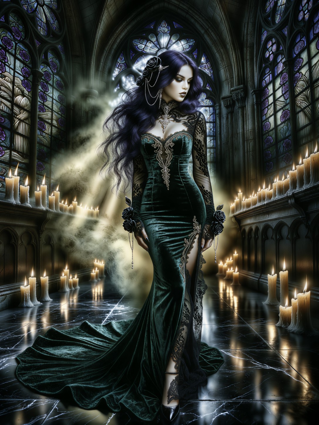 Gothic Sorceress In Candlelit Cathedral — AI generated image