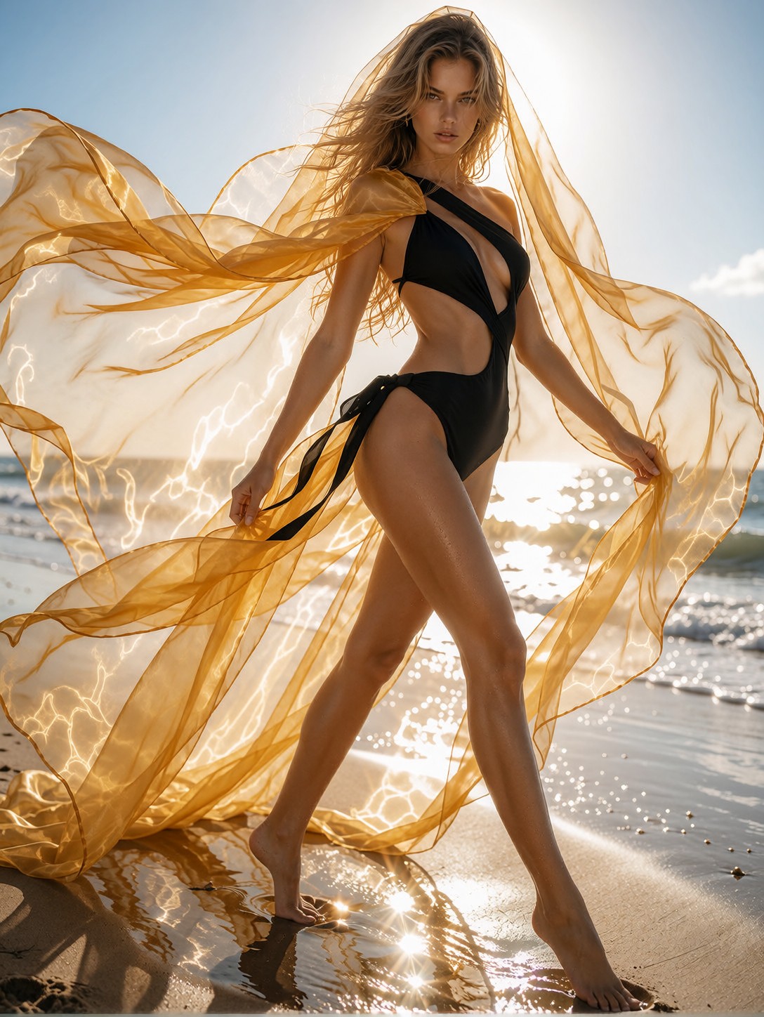 Golden Veiled Woman On Sunlit Beach — AI generated image