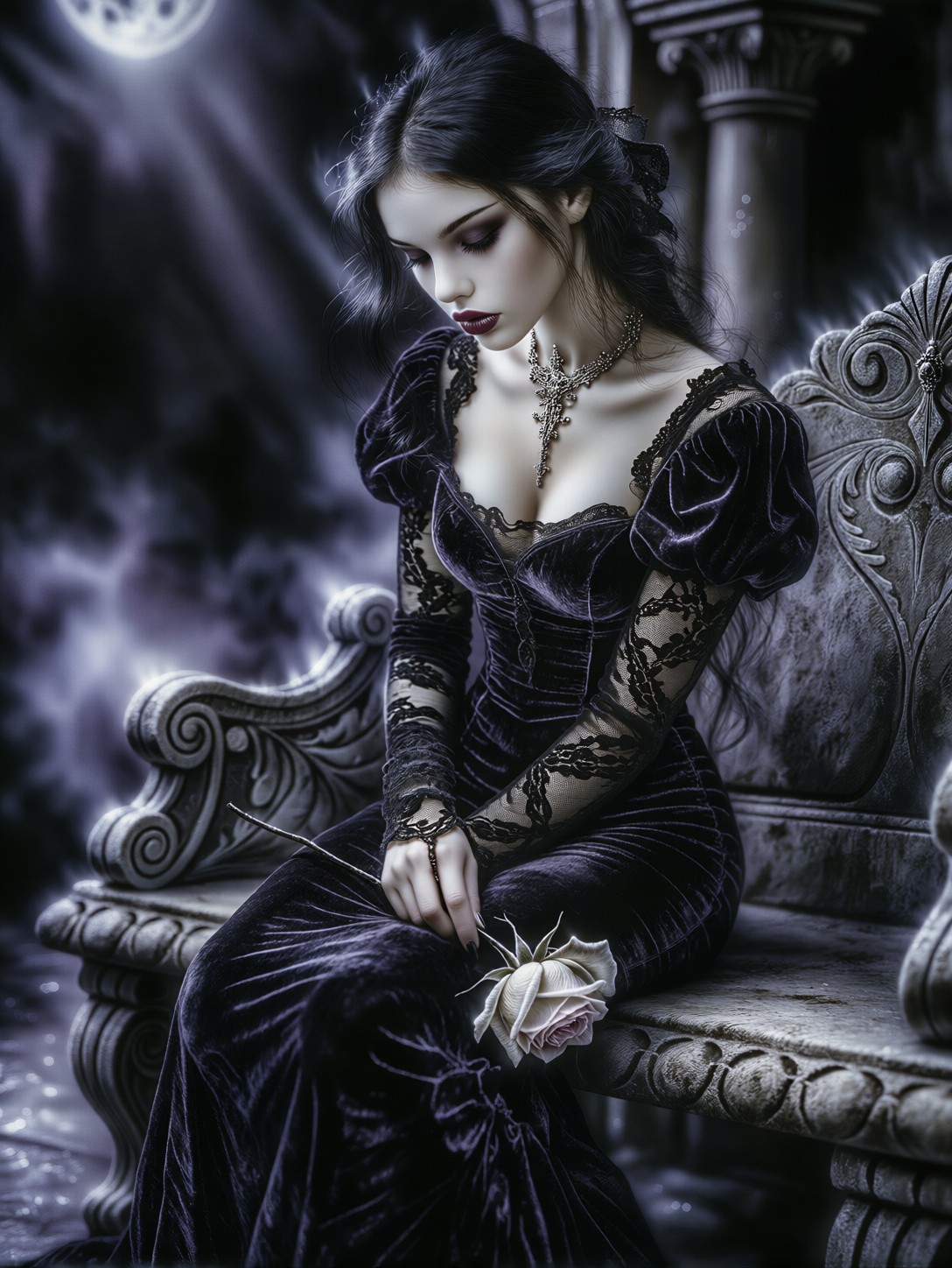 Serene Gothic Maiden In Moonlit Courtyard — AI generated image