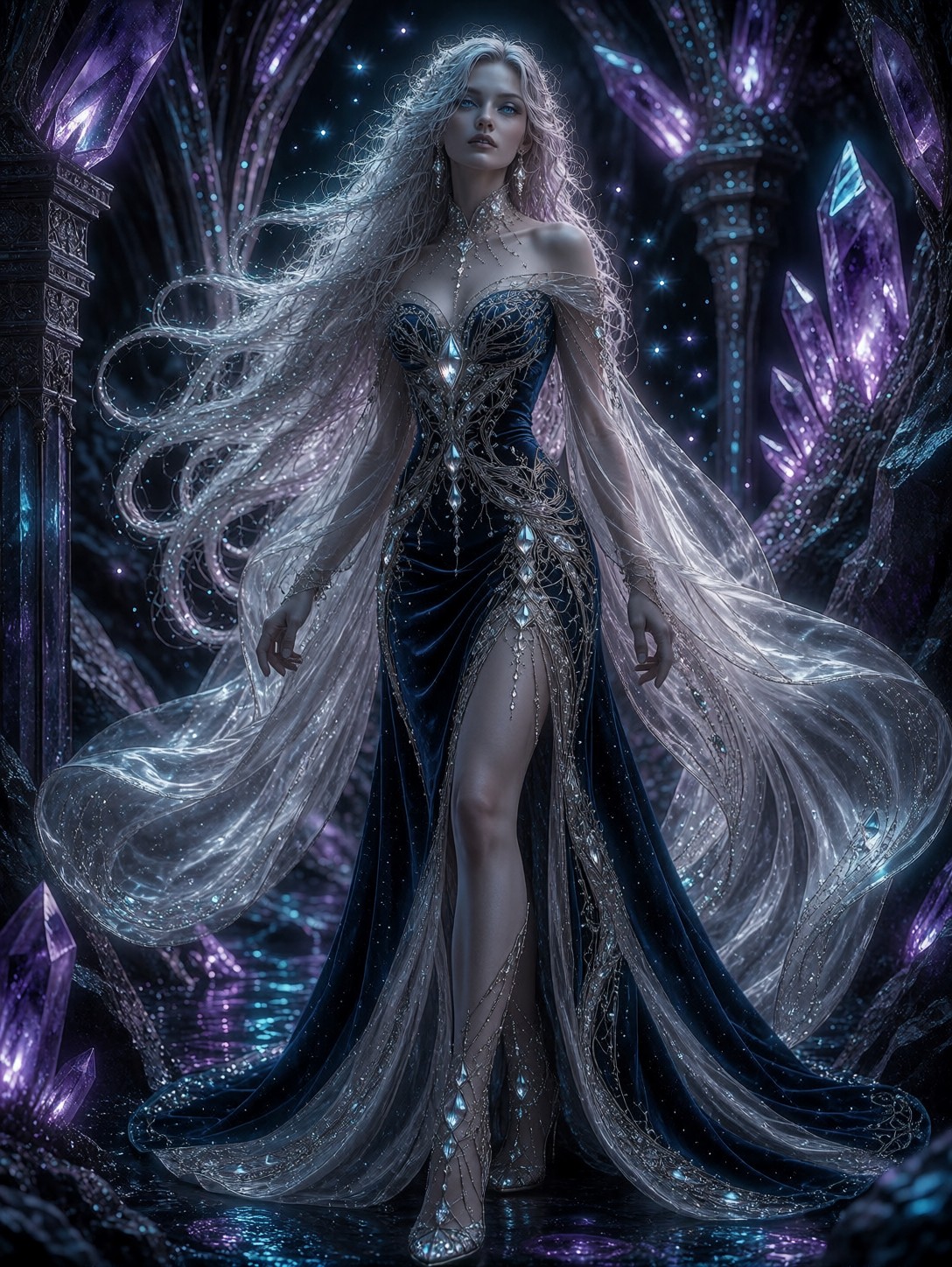 Bioluminescent Sorceress Amidst Glowing Amethyst Cavern — AI generated image