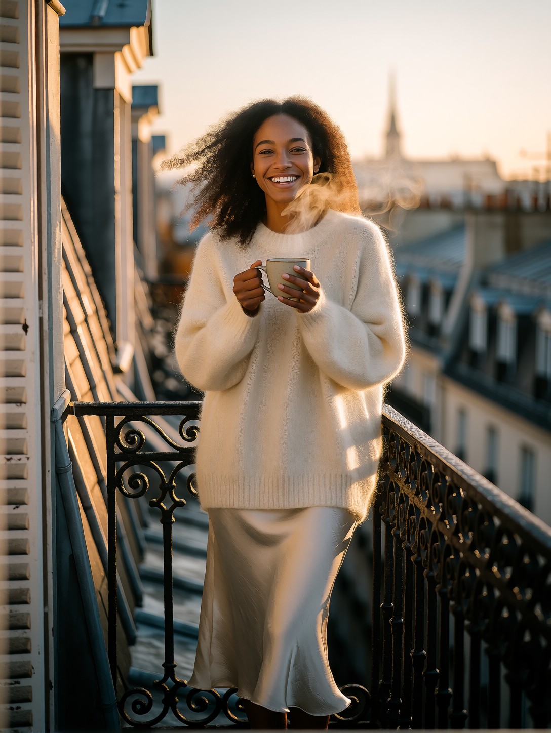 Joyful Woman On Paris Balcony — AI generated image