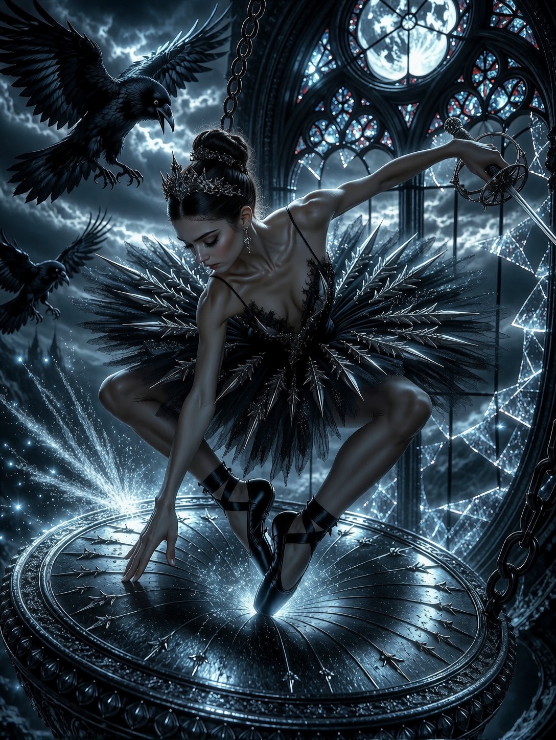Gothic Ballerina Landing On Frozen Pendulum — AI generated image