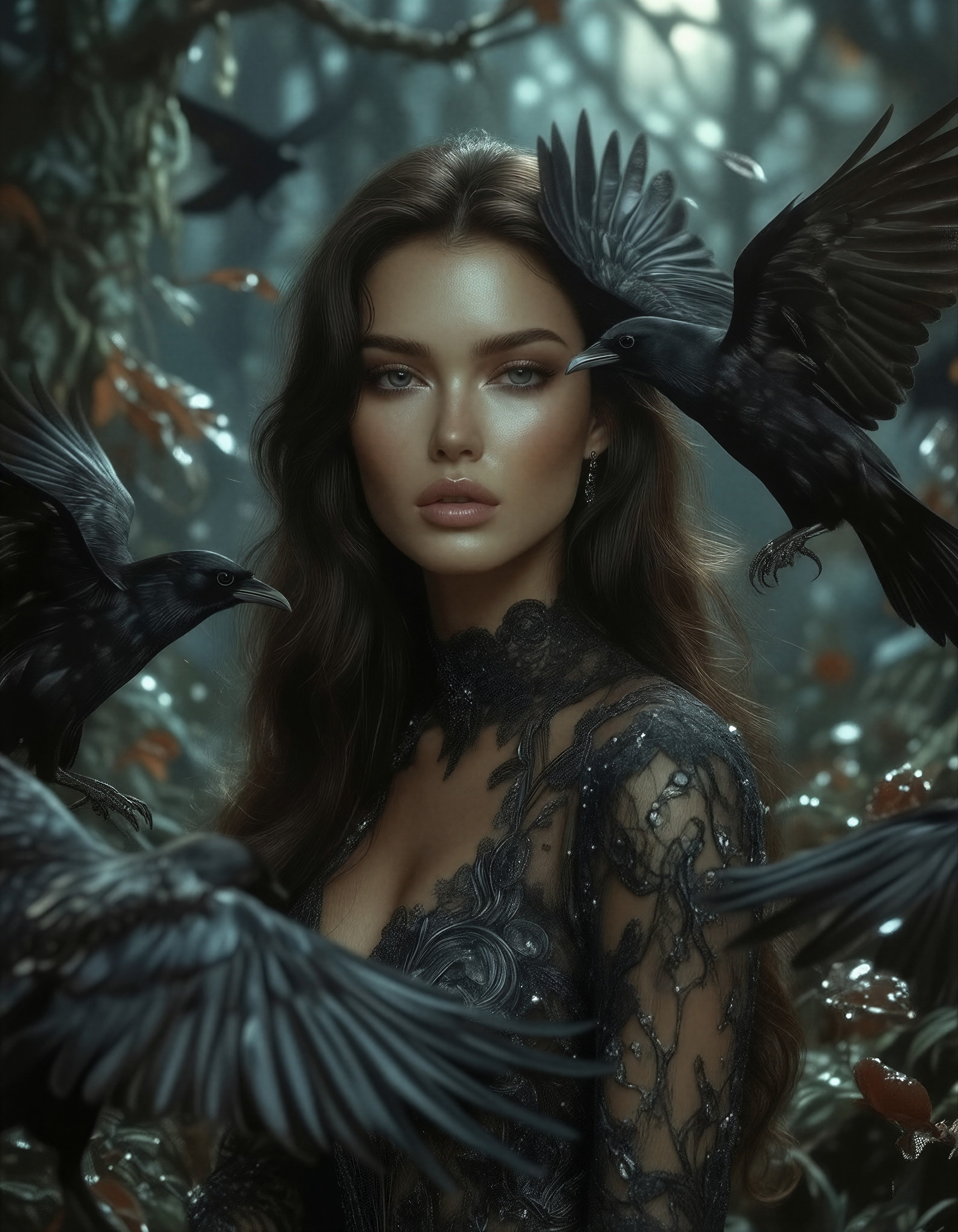 Pale Woman in Foggy Forest at Twilight — AI generated image