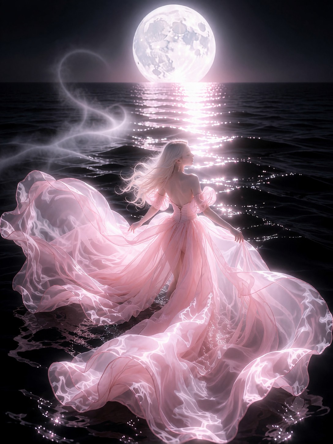 Surreal Woman Floating in Pink Gown — AI generated image