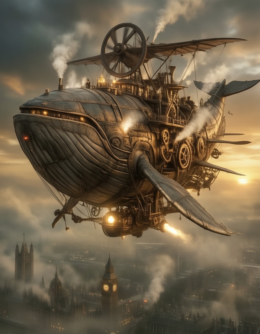 Colossal Whale Airship Over Sunset London — AI generated image