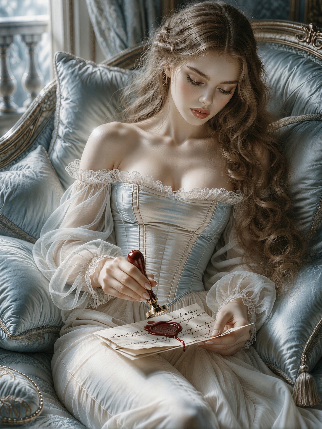 Noblewoman Sealing Letter By Daylight — AI generated image