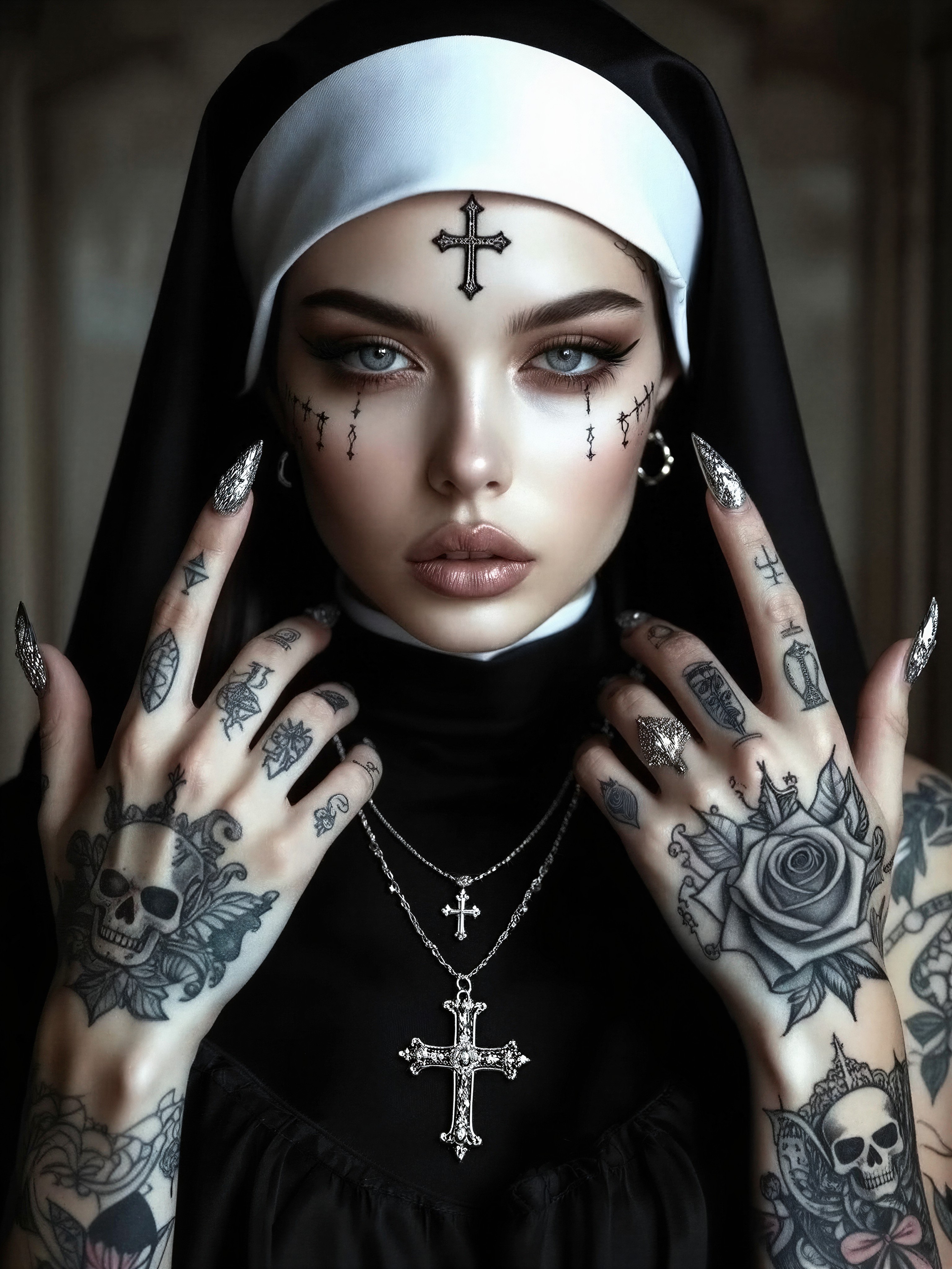 Rebellious Gothic Nun with Modern Tattoos — AI generated image