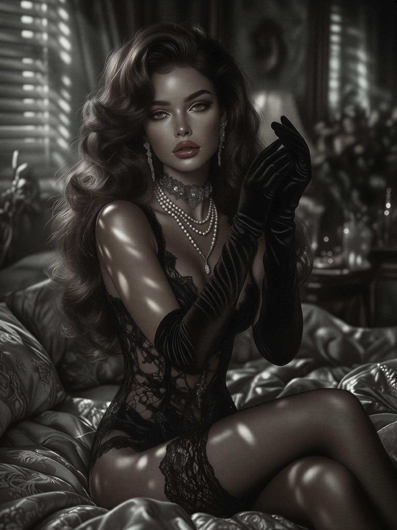 Noir Elegance: Shadows and Pearls — AI generated image