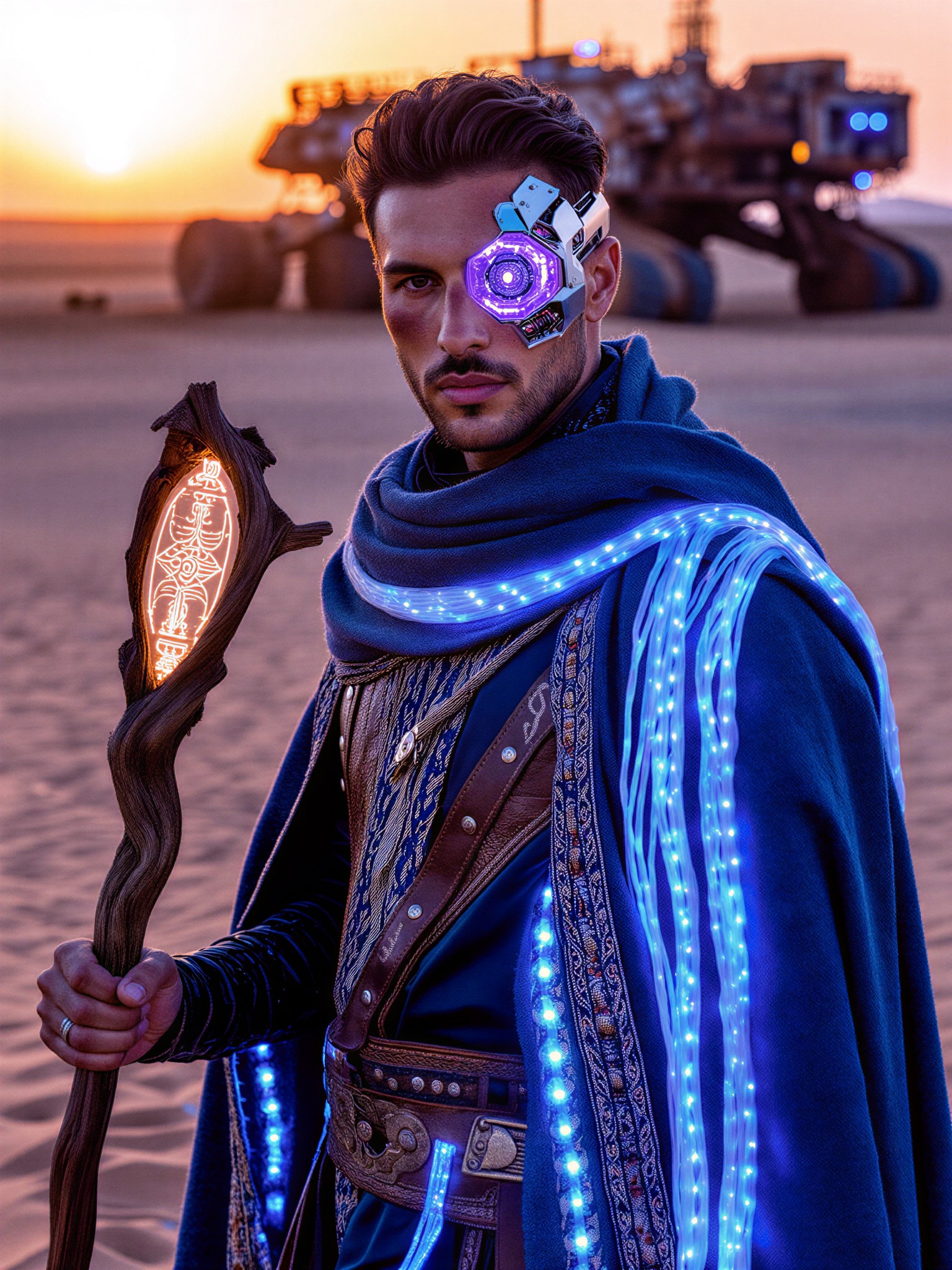 Cyberpunk Man in Neon Cloak and Glowing Cybernetic Eye — AI generated image