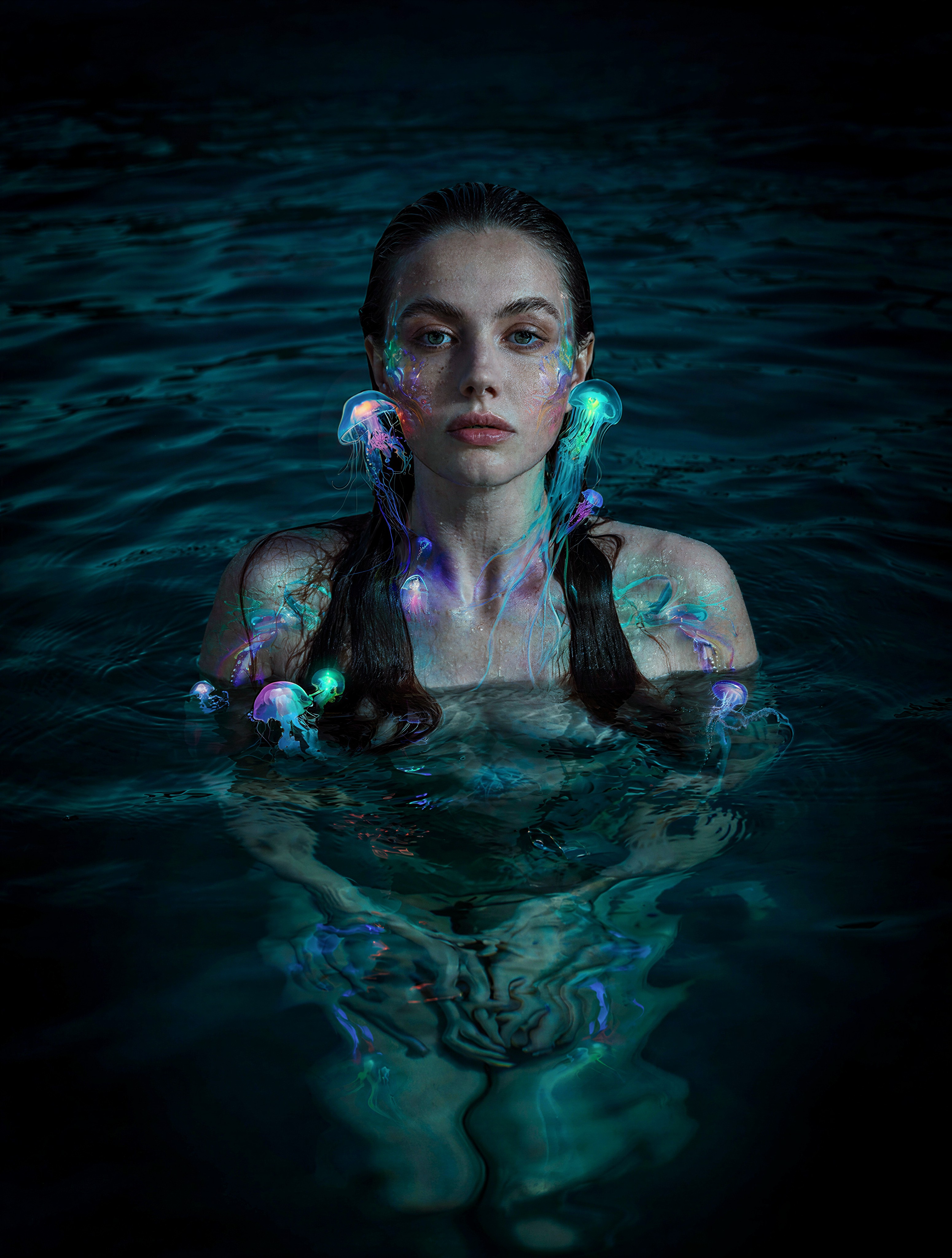 Bioluminescent Woman in Surreal Neon Ocean — AI generated image