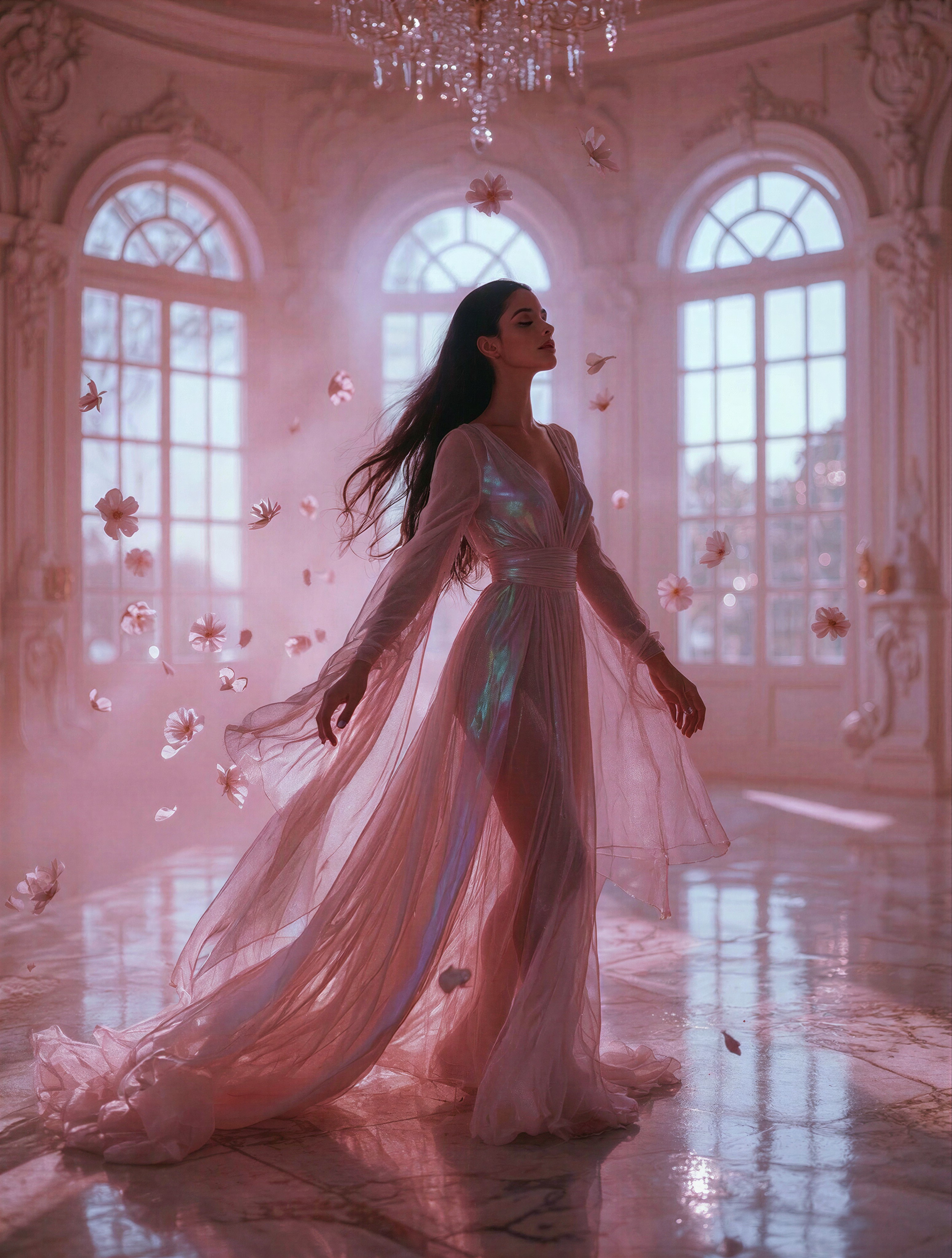 Ethereal Ballroom Mist with Serene Figure — AI generated image