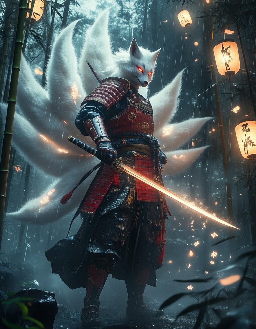 Majestic Samurai Kitsune in Bamboo Forest — AI generated image