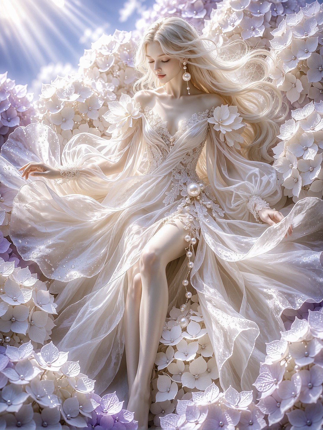 Ethereal Maiden Floating Amidst Lavender Hydrangeas — AI generated image