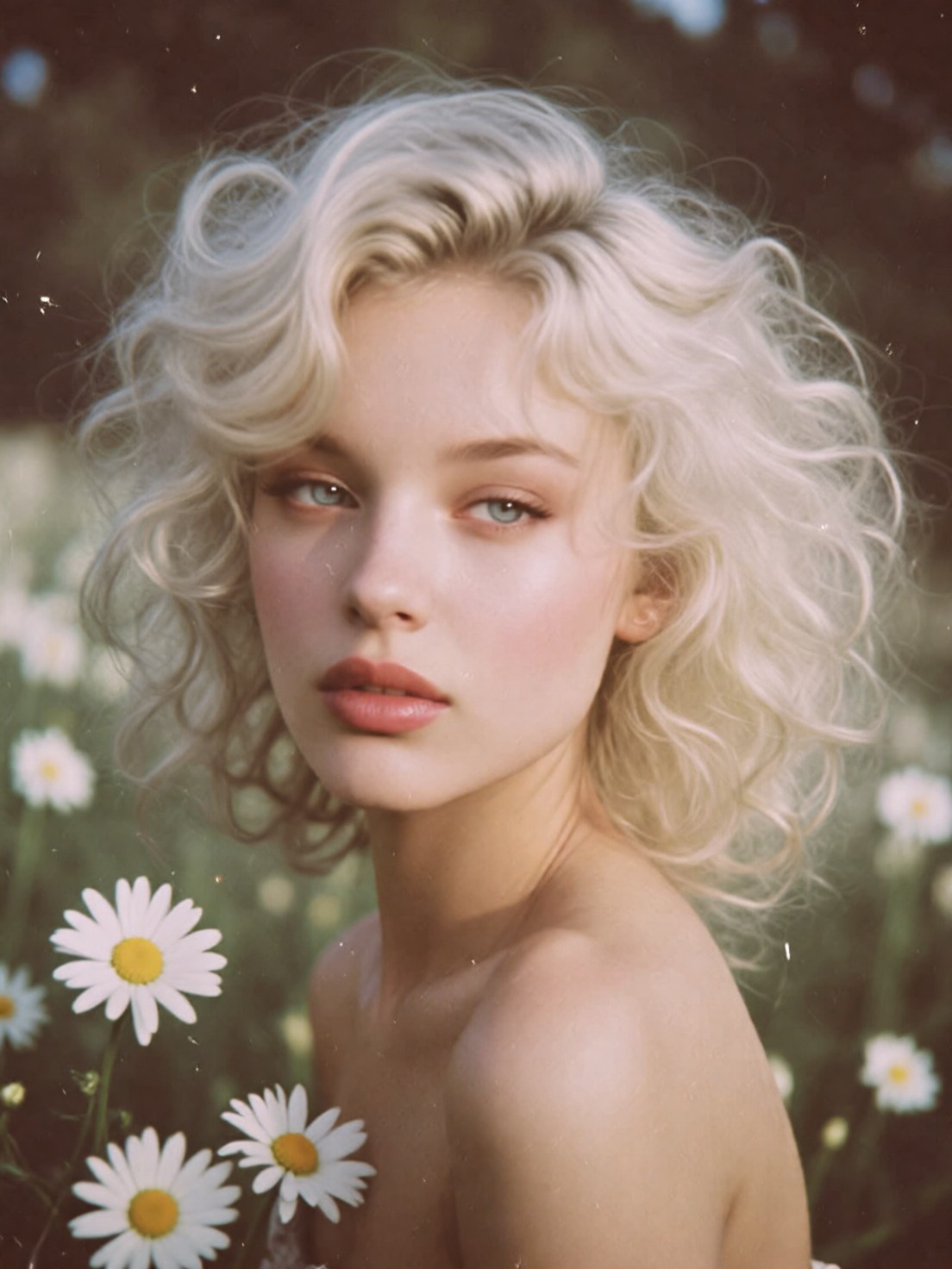 Ethereal Woman with Platinum Hair and Daisies — AI generated image