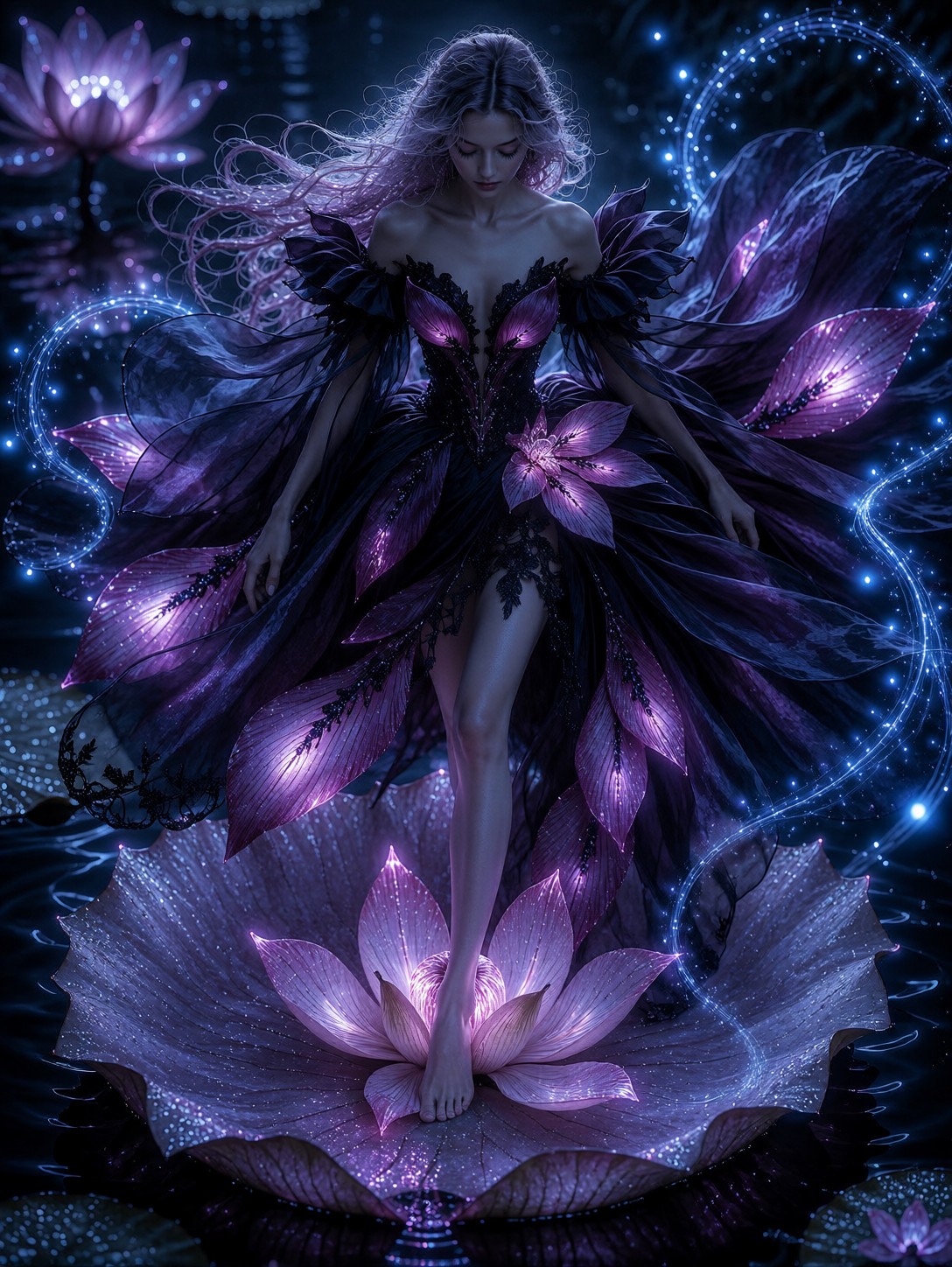 Enchanted Figure Stepping Onto Glowing Lily Pad — AI generated image
