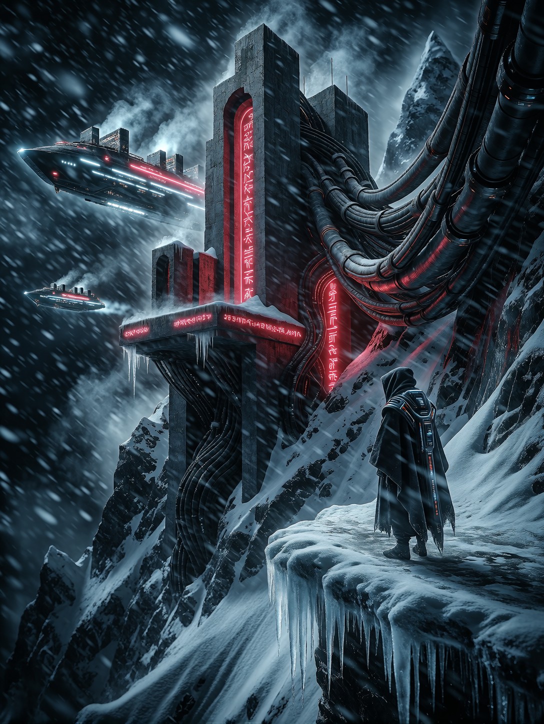 Futuristic Cyberpunk Monastery On Snowy Peak — AI generated image