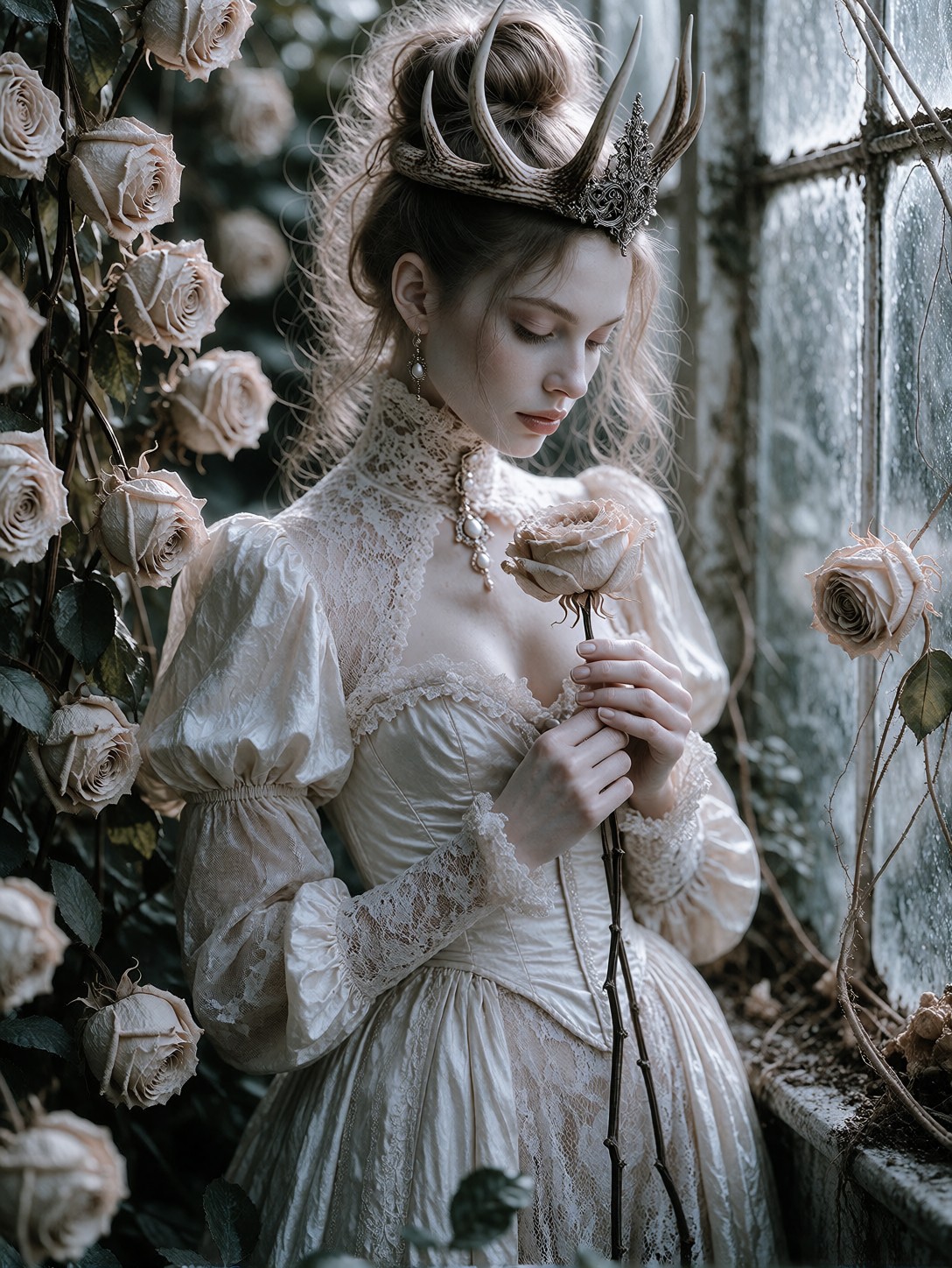Gothic Woman In Forgotten Glasshouse — AI generated image