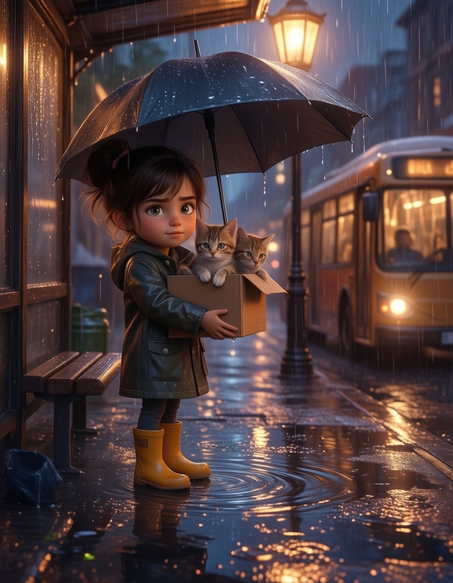 Cozy Raincoat Girl with Stray Kittens — AI generated image