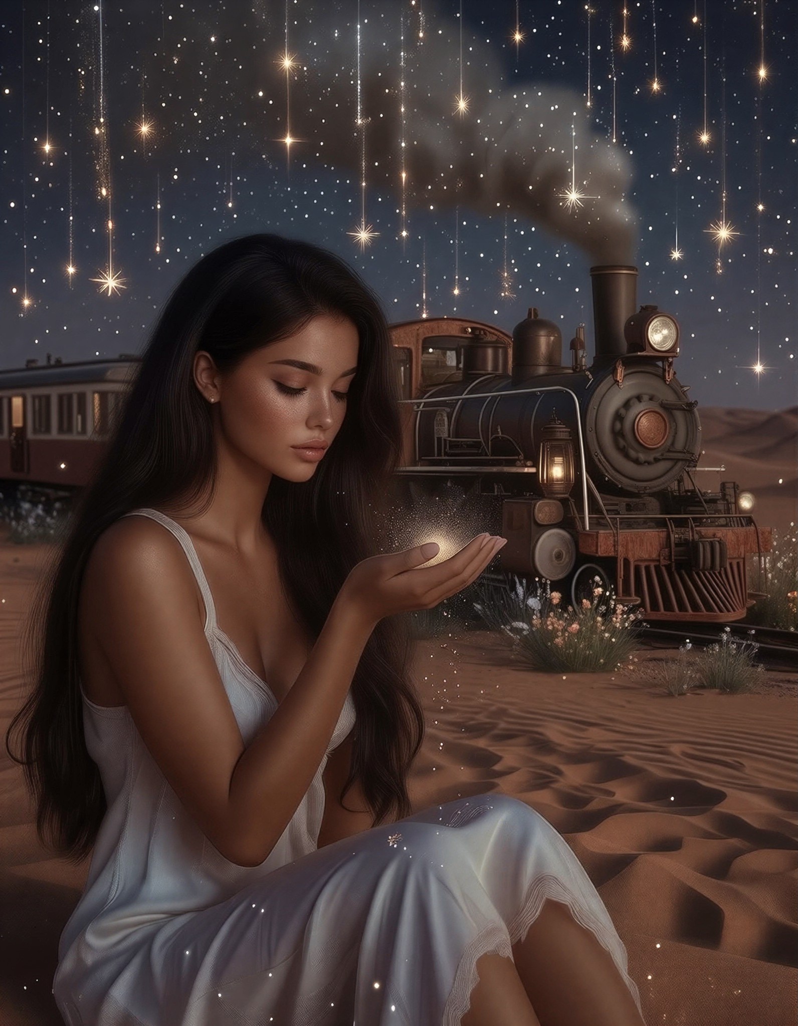 Desert Night Woman with Stardust and Train — AI generated image