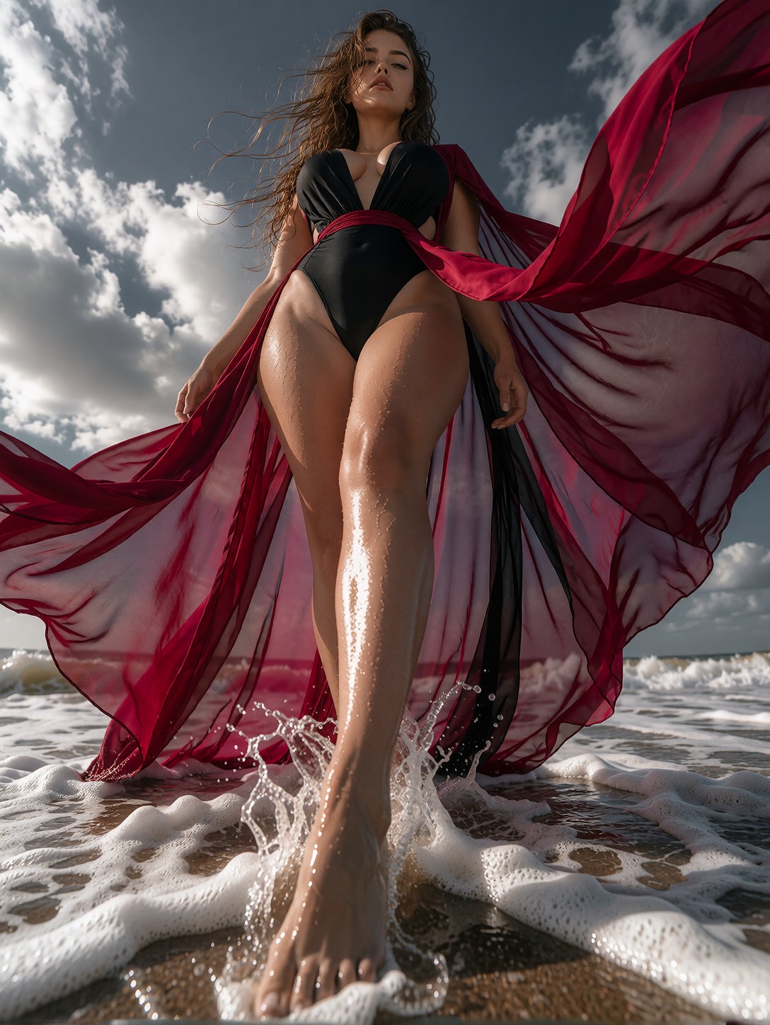 Woman With Flowing Crimson Cape In Sea — AI generated image