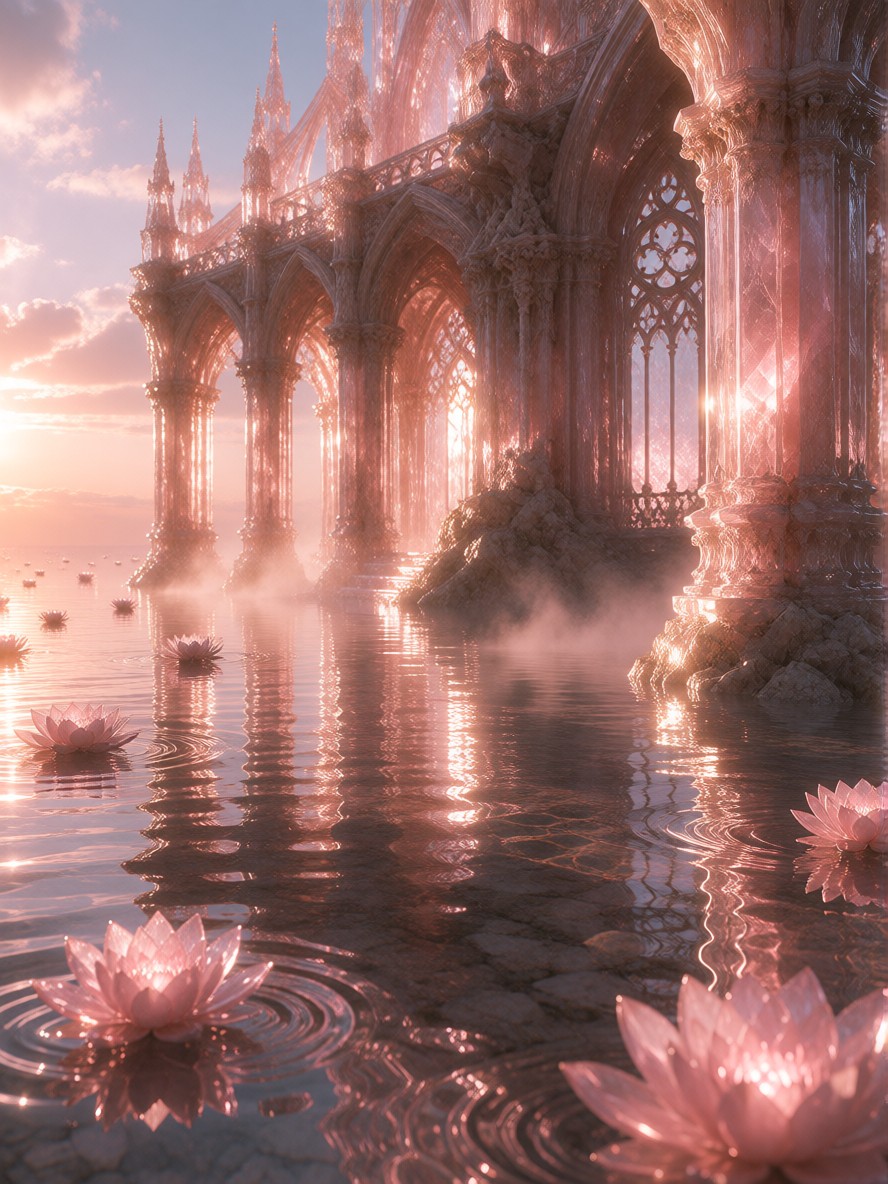 Submerged Translucent Gothic Cathedral At Sunset — AI generated image
