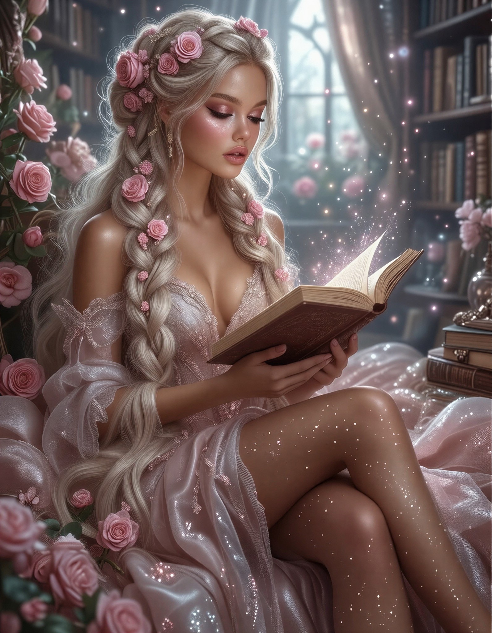 Elegant Woman in Magical Library — AI generated image