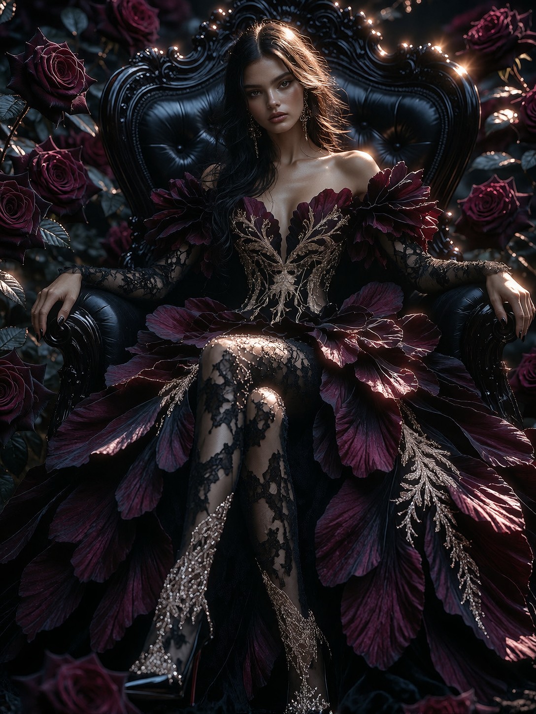 Lavish Crimson Ballgown On Ebony Throne — AI generated image